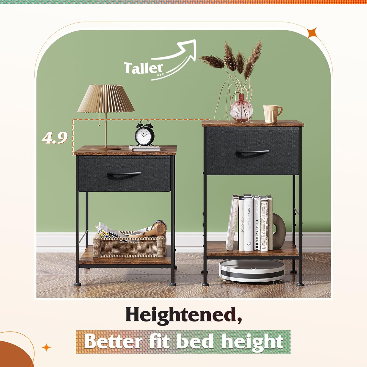 Height of 1-drawer fabric storage nightstand set of 2