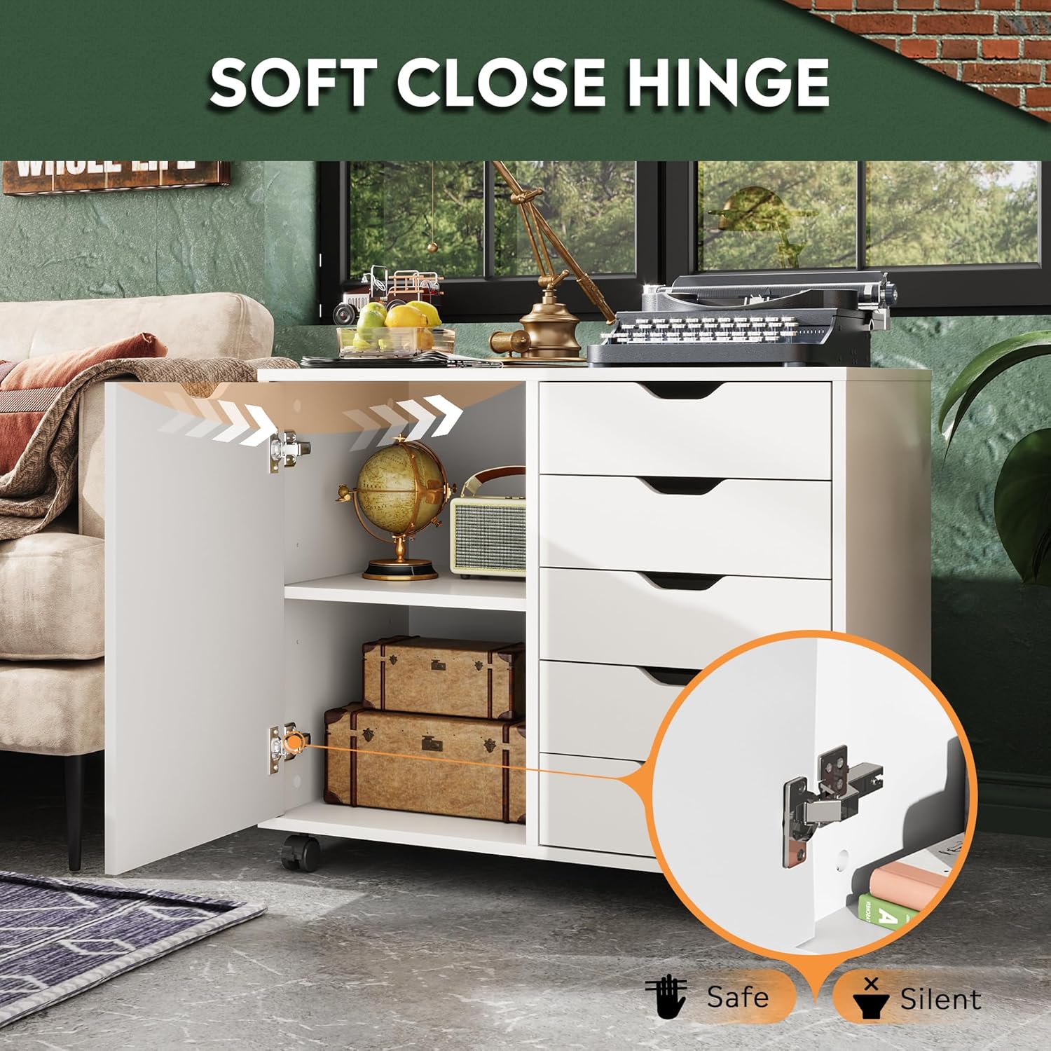 DEVAISE 5-Drawer Wood Mobile Storage Cabinet with Door