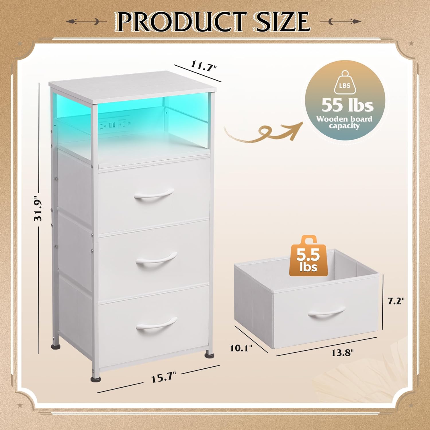 WLIVE Fabric 3-Drawer LED Nightstand with Charging Station Size