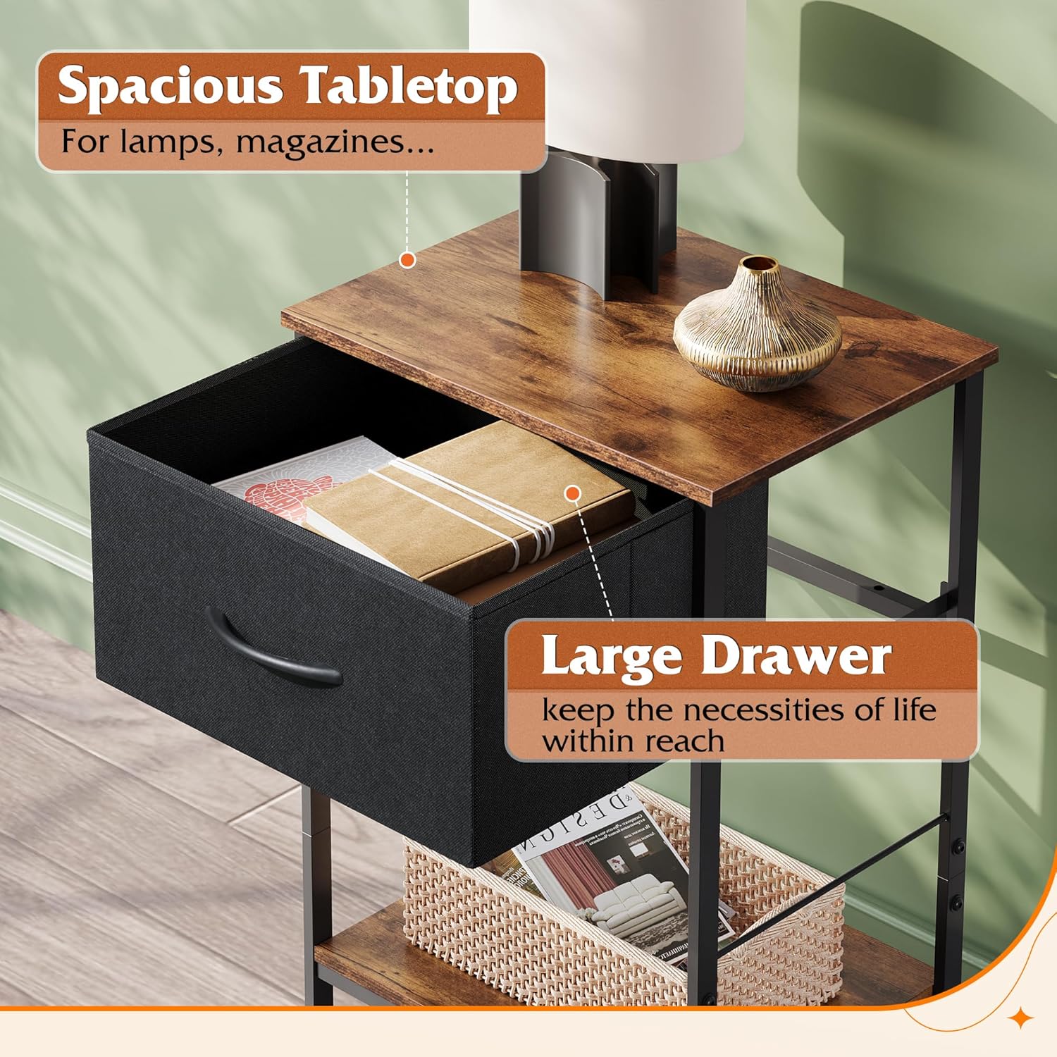 Drawer and Top of 1-drawer fabric storage nightstand set of 2