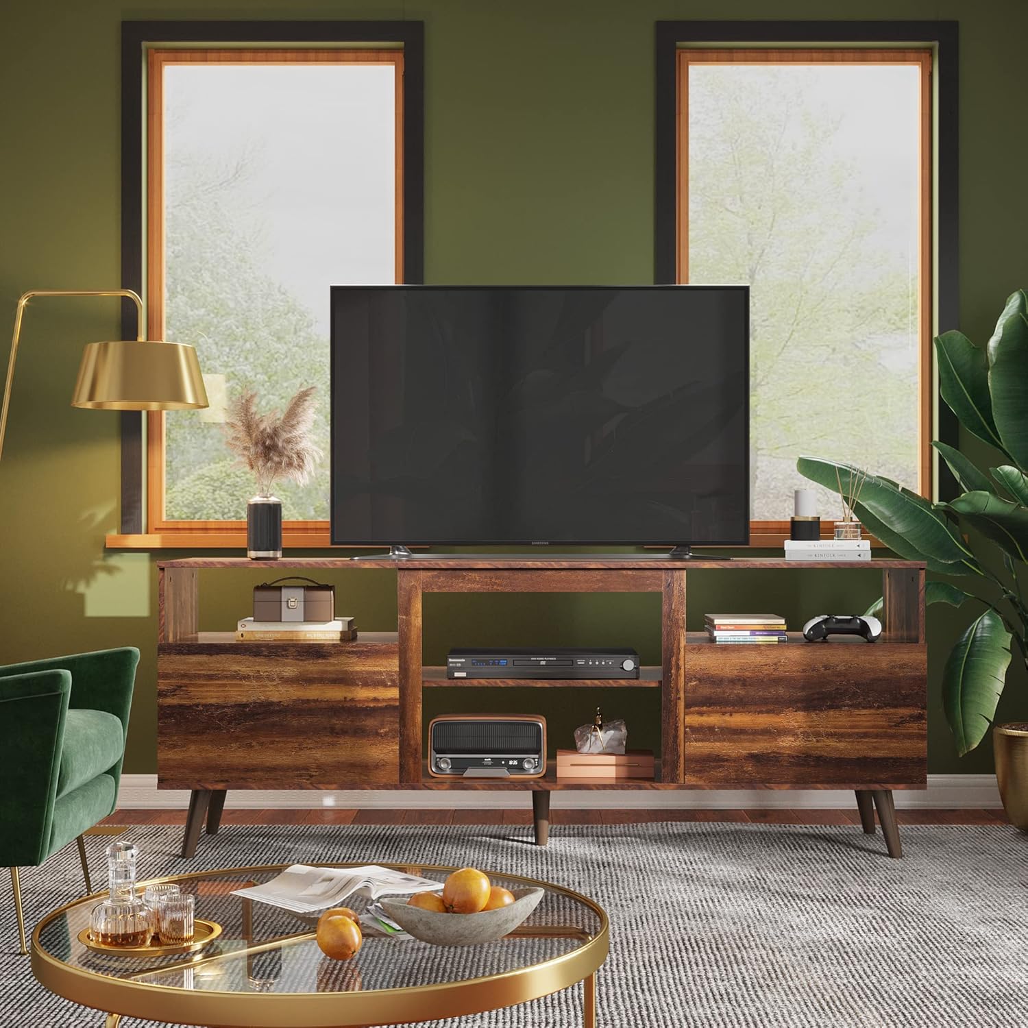 Retro Brown WLIVE Mid Century Modern TV Stand with Cabinets for 65 inch TV in living room