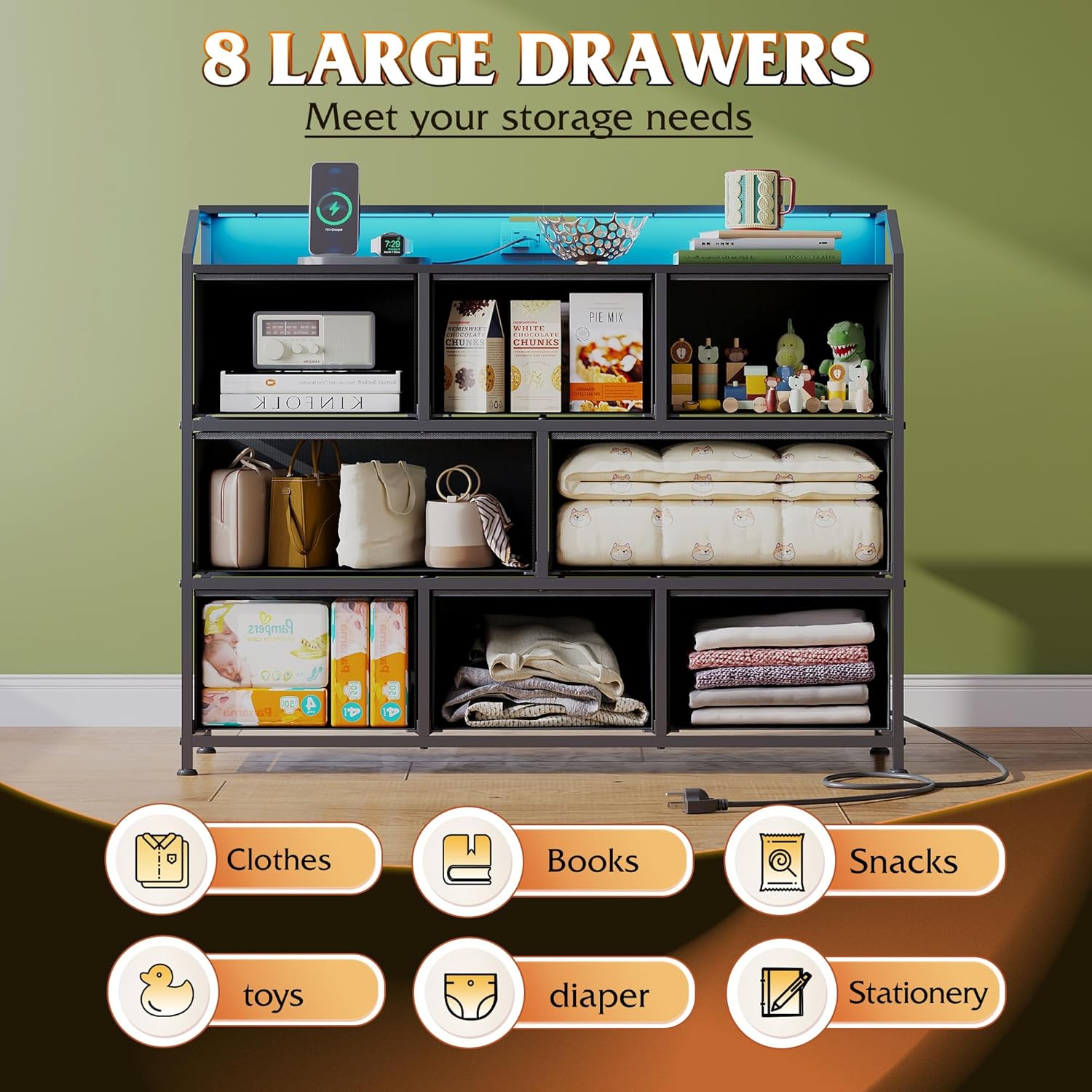 WLIVE White Minimalist 8-Drawer LED Large Storage Fabric Dresser TV Stand Storage Space