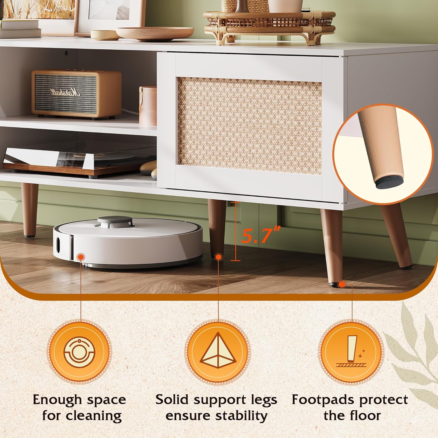 WLIVE Boho TV Stand with 2 Rattan Cabinets for 65 Inch TV Foot Space