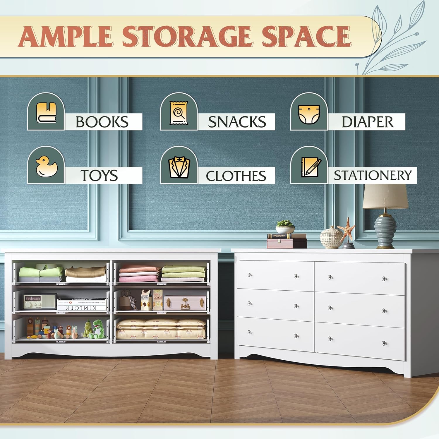 WLIVE Black Wide 6-Drawer Modern Horizontal Wood Dresser Storage