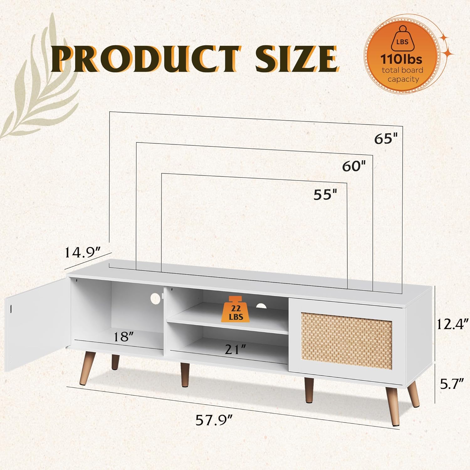 Size of WLIVE Boho TV Stand with 2 Rattan Cabinets for 65 Inch TV