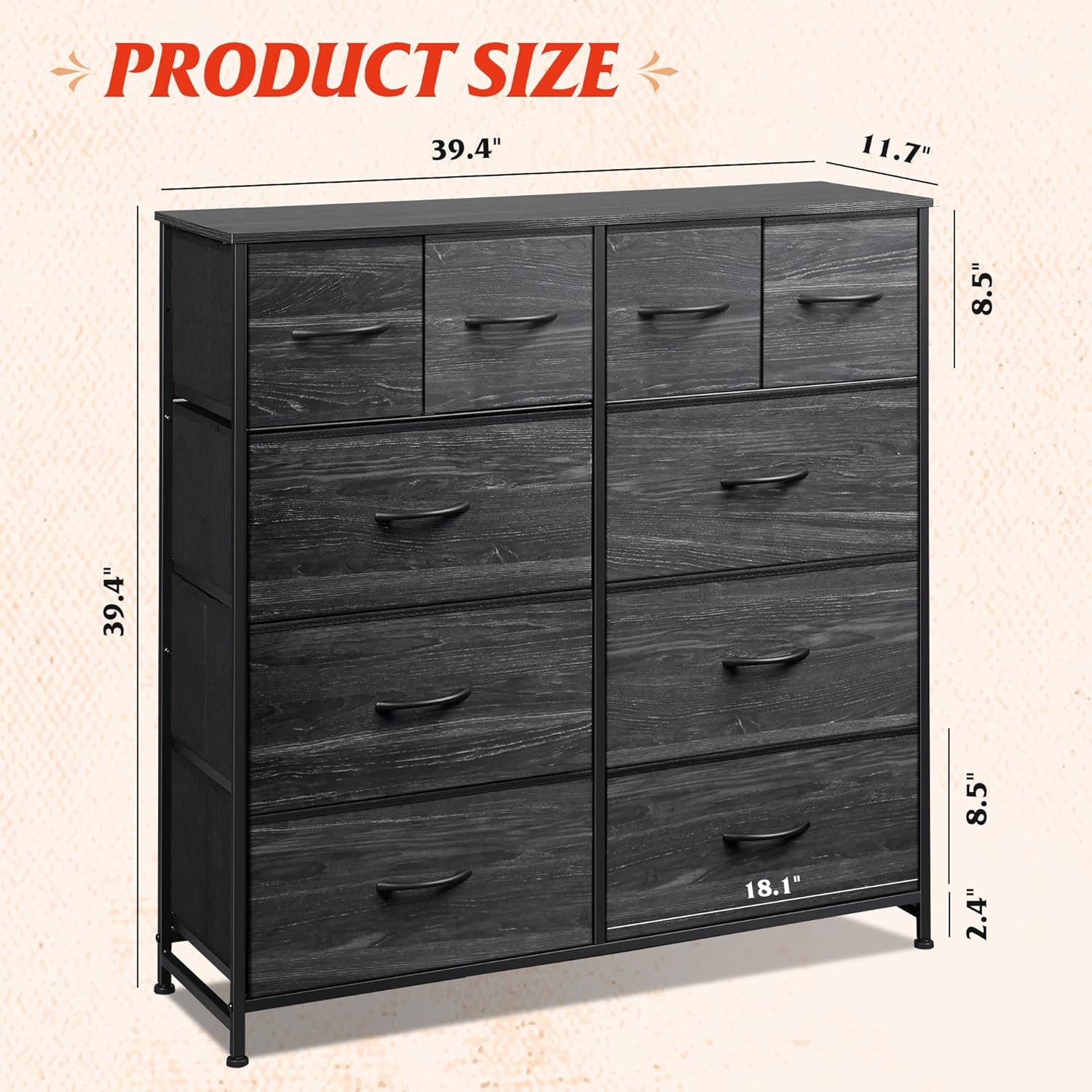 Size of WLIVE 10-drawer large storage fabric dresser