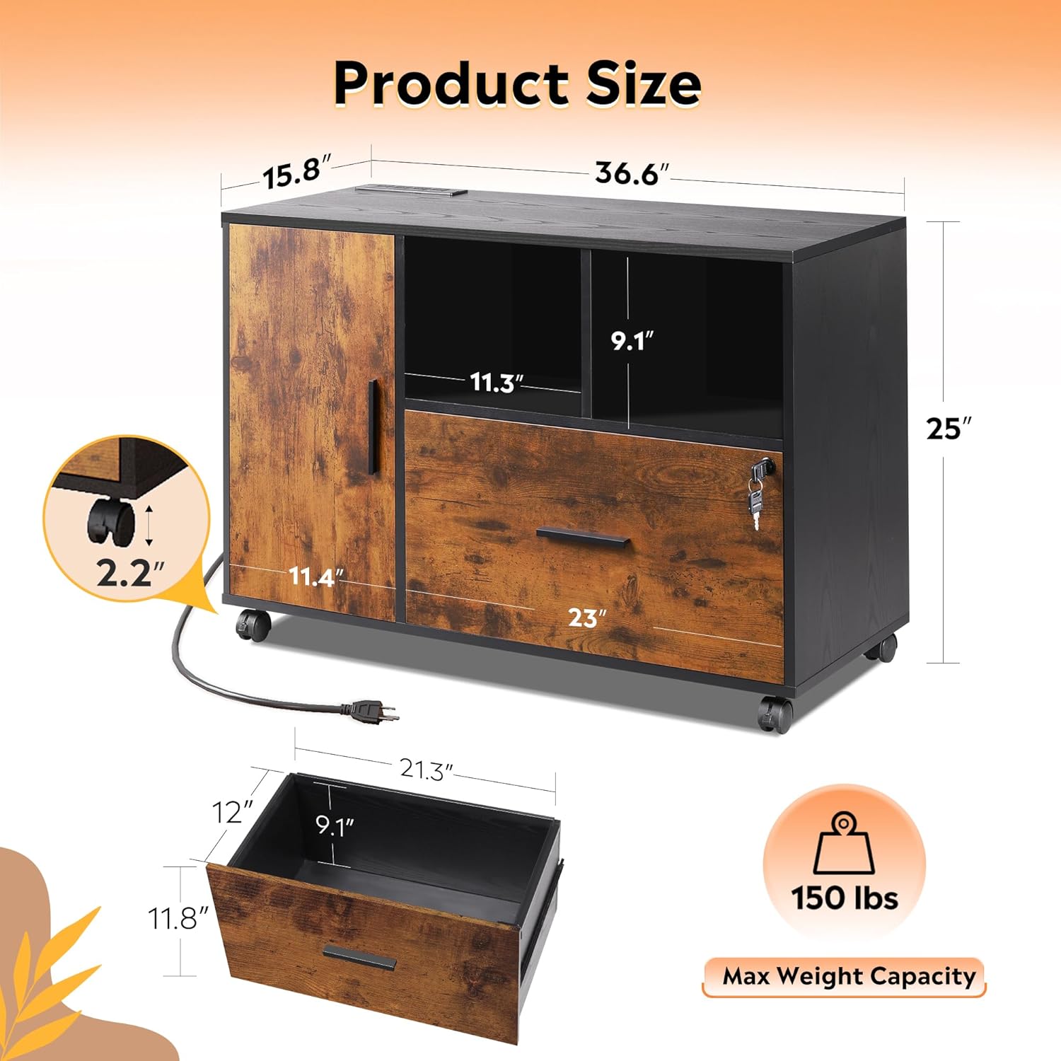 size of wood file cabinet with charging station