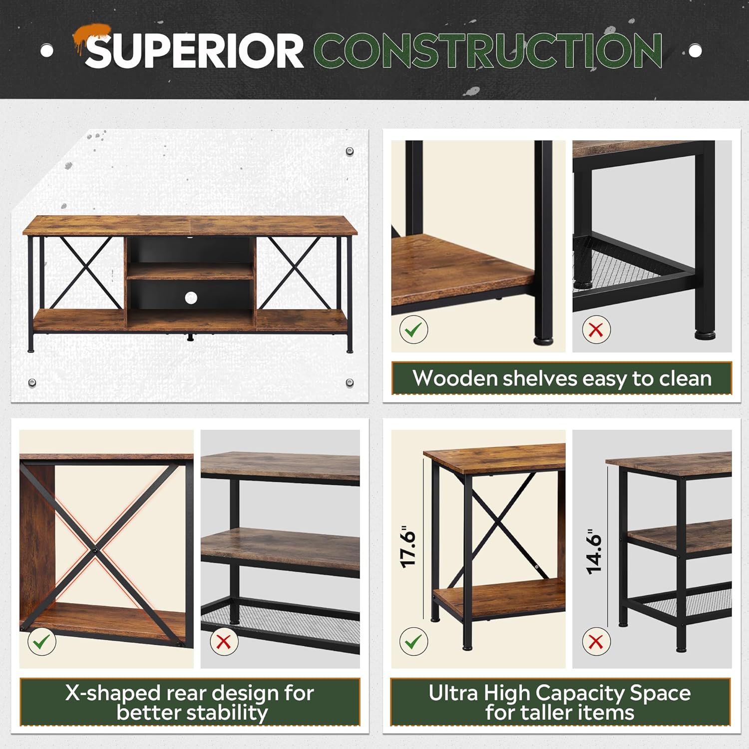 Construction of WLIVE Industrial TV Stand with Open Storage Shelves for 65 Inch TV