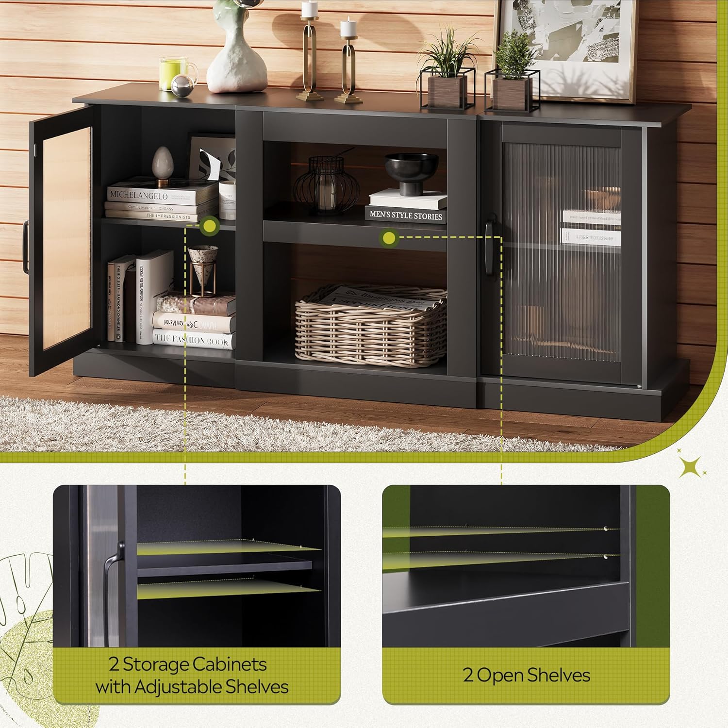 WLIVE Modern Minimalist Storage TV Stand Cabinet with 2 Cabinets and 2 Open Shelves