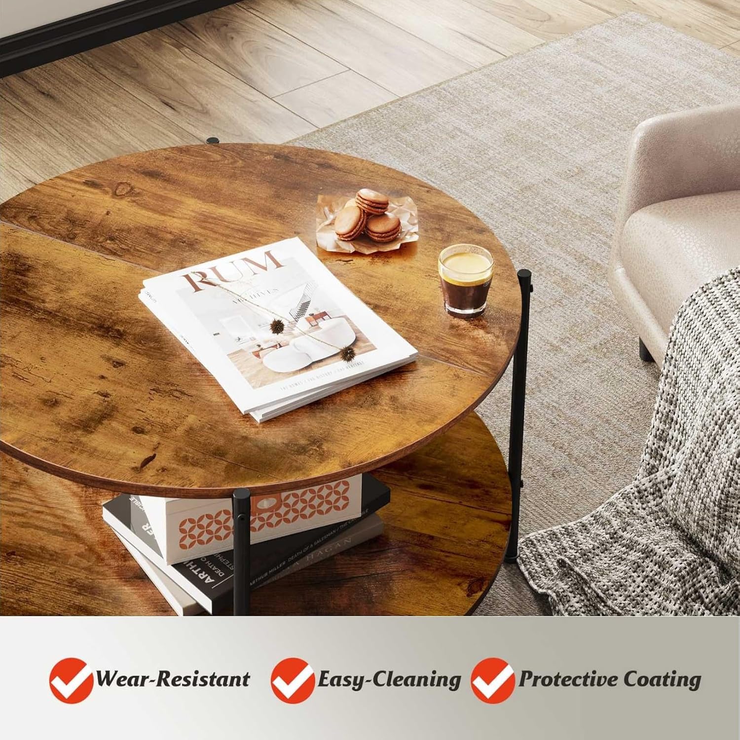 WLIVE round industrial coffee table with storage wood