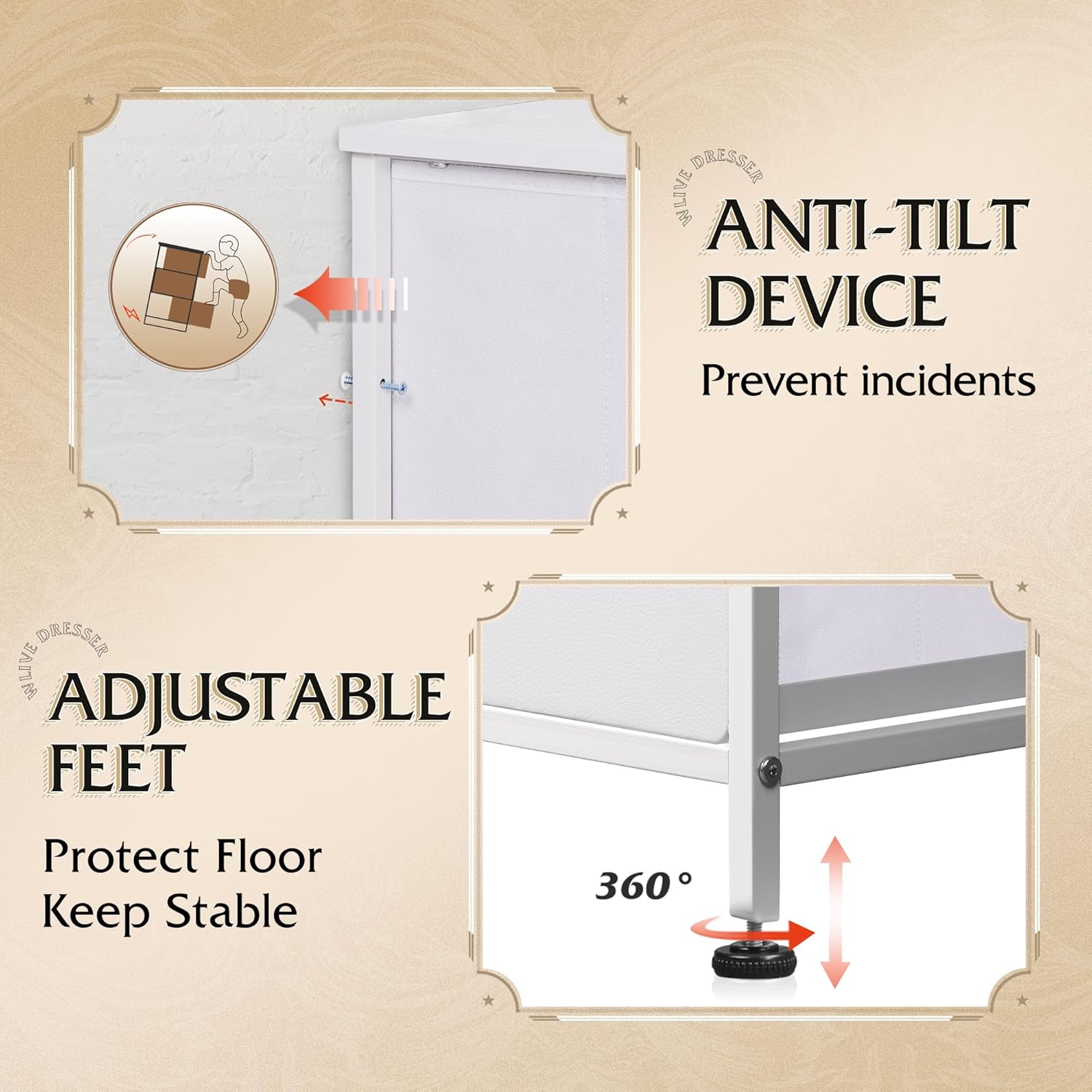 WLIVE tall 8-drawer fabric storage dresser anti-tilt device and adjustable feet