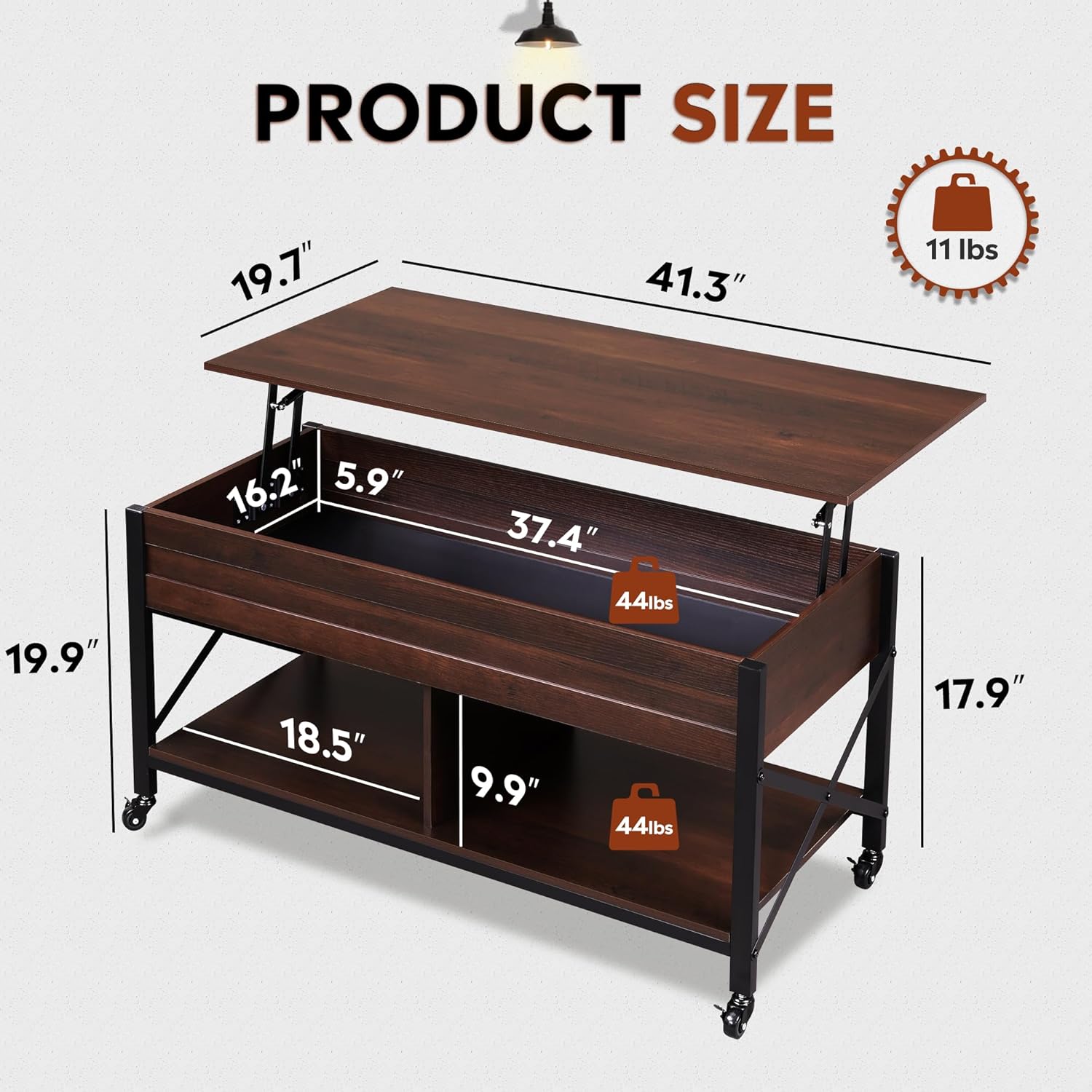 WLIVE Mid-Century Modern Lift Top Coffee Table with 4 Wheels