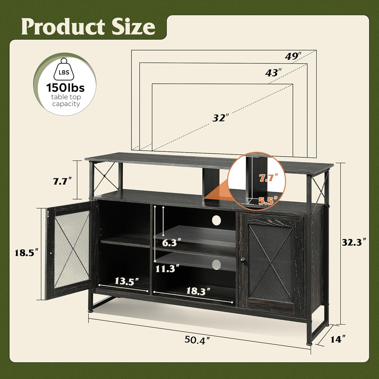 WLIVE Tall Farmhouse Industrial TV Stand Cabinet Size