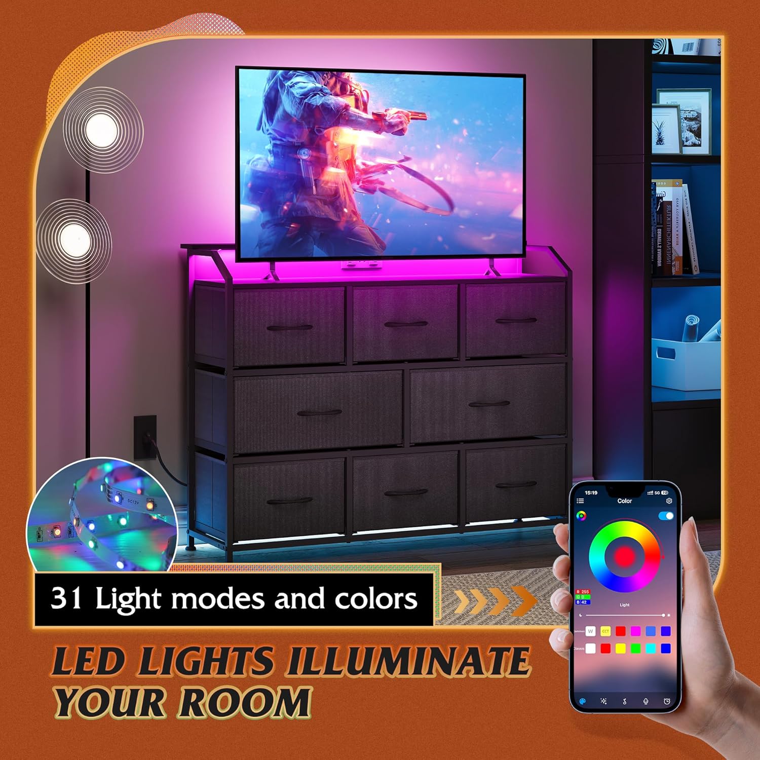 WLIVE White Minimalist 8-Drawer LED Large Storage Fabric Dresser TV Stand LED Colors