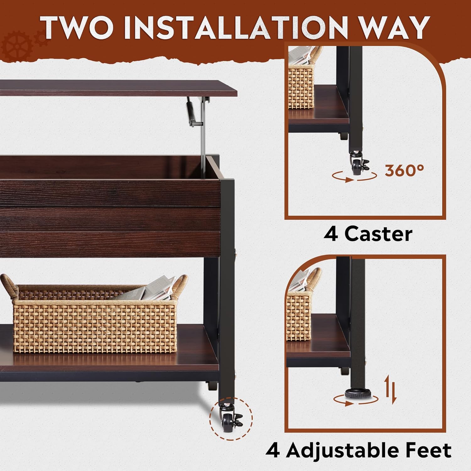 WLIVE Mid-Century Modern Lift Top Coffee Table with 4 Wheels