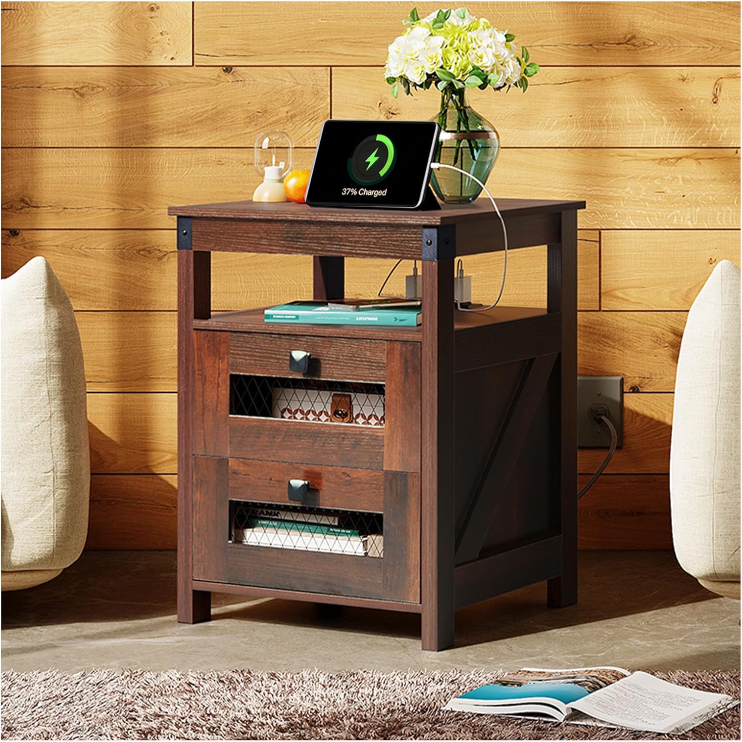 Espresso WLIVE Farmhouse 2 Drawer Wood Nightstand with Charging Station in room