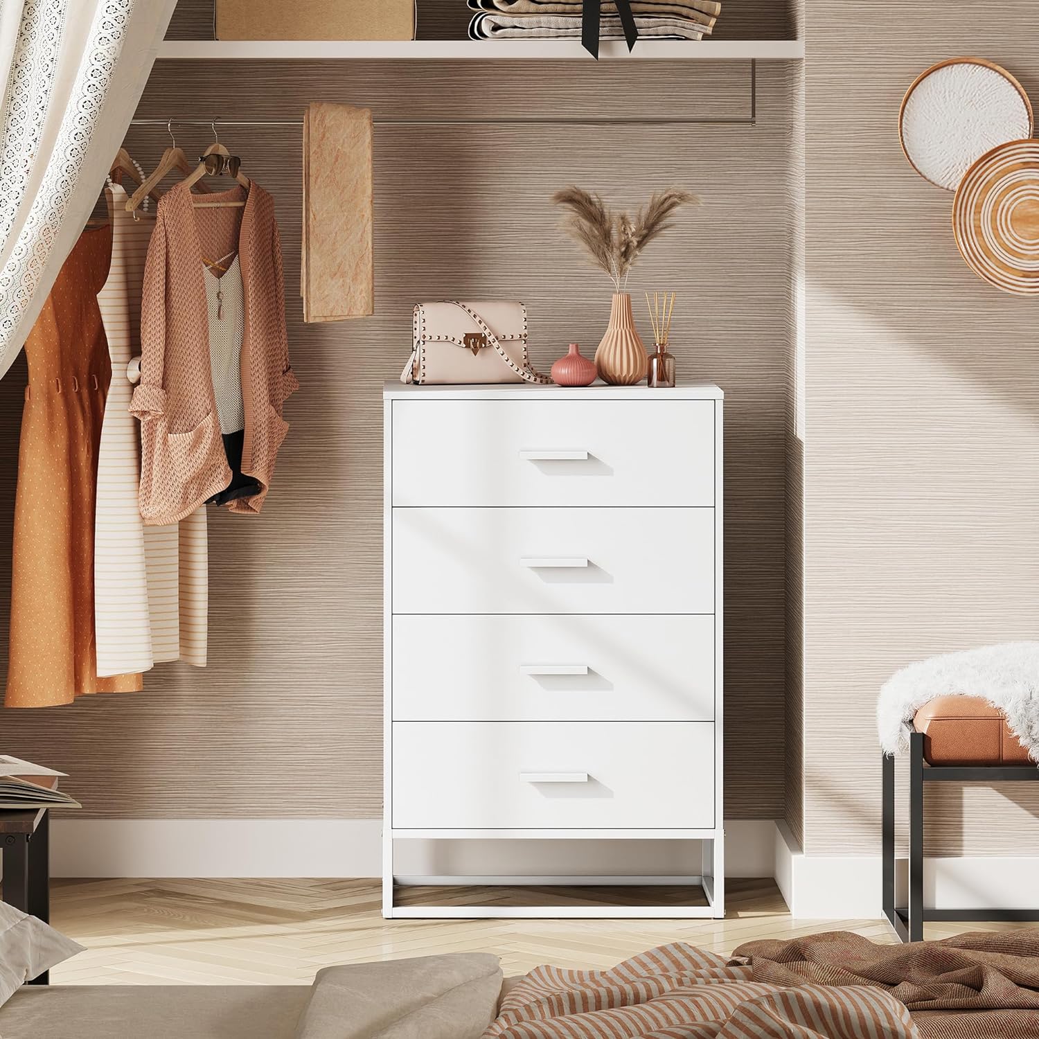 White WLIVE 4-Drawer Minimalist Modern Wood Storage Chest in Closet