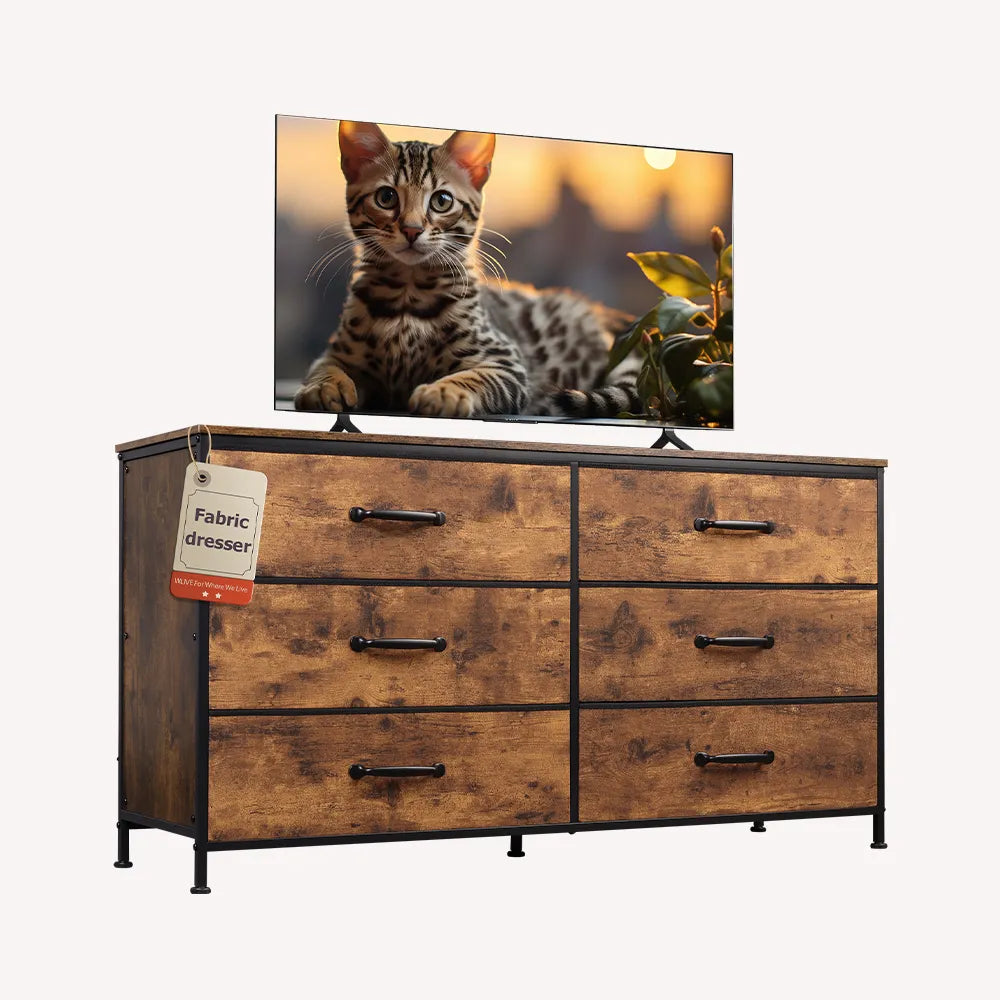 WLIVE Minimalist Fabric 7-Drawer Large Storage Dresser TV Stand in Rustic Brown