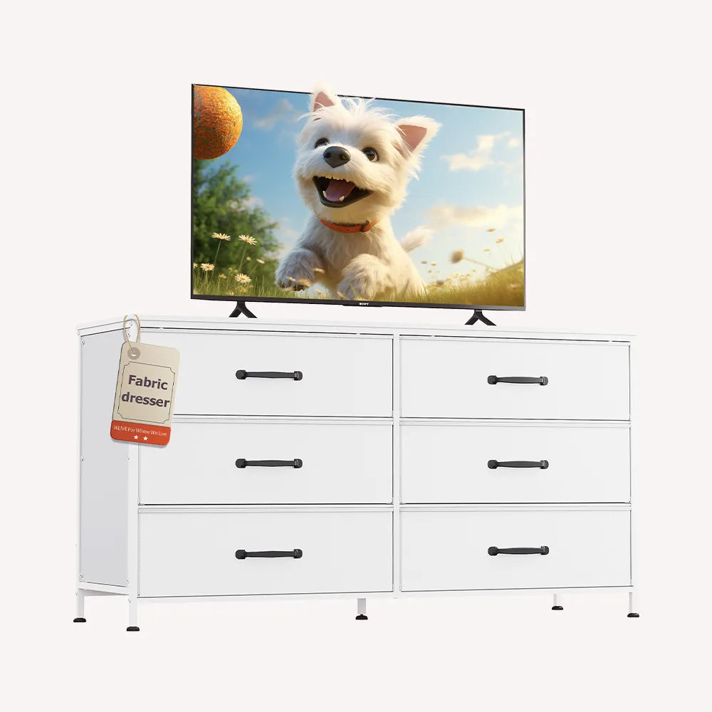 WLIVE Minimalist Fabric 7-Drawer Large Storage Dresser TV Stand in White