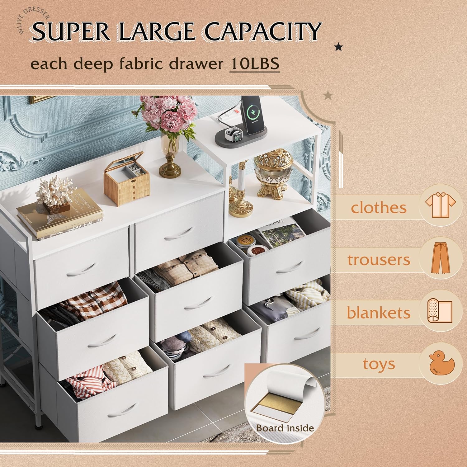large storage of WLIVE 8 drawer fabric dresser with charging station and shelf
