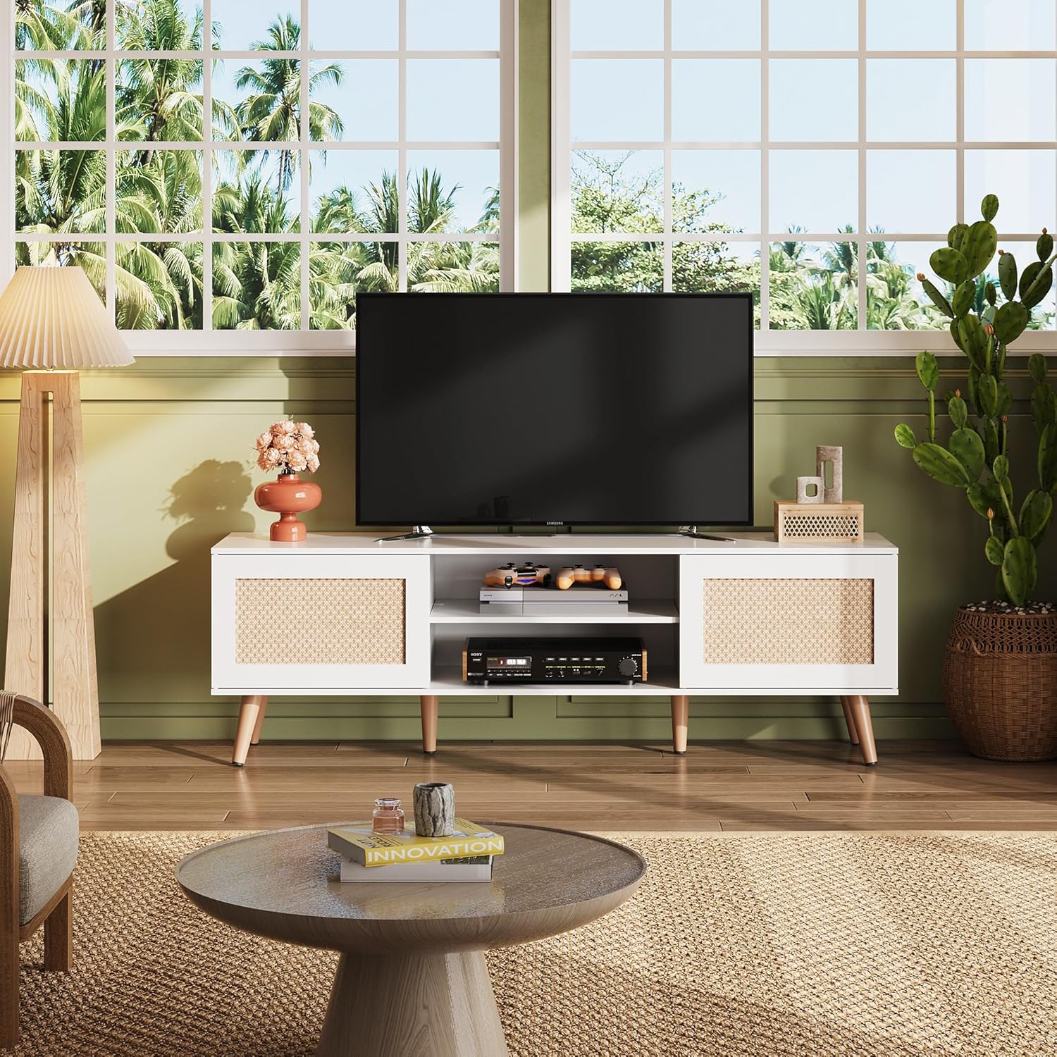 WLIVE Boho TV Stand with 2 Rattan Cabinets for 65 Inch TV in Living Ropm