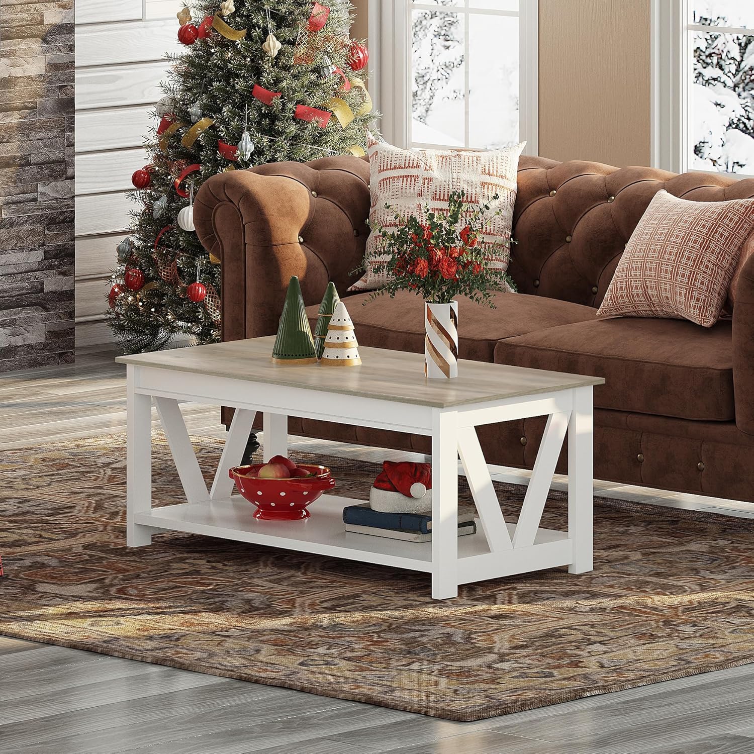 WLIVE Rectangle Farmhouse Wood Coffee Table with Storage Shelf in Living Room