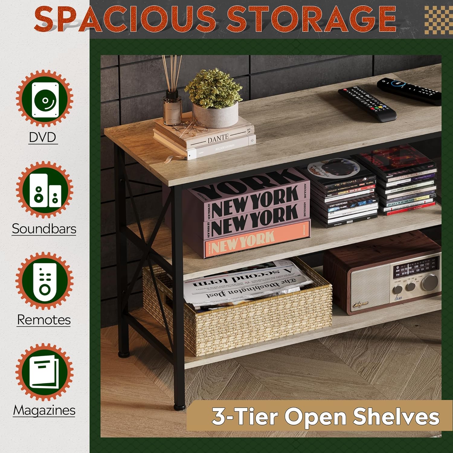 WLIVE Industrial 3-Tier Shelves TV Stand for TVs up to 70'' Storage