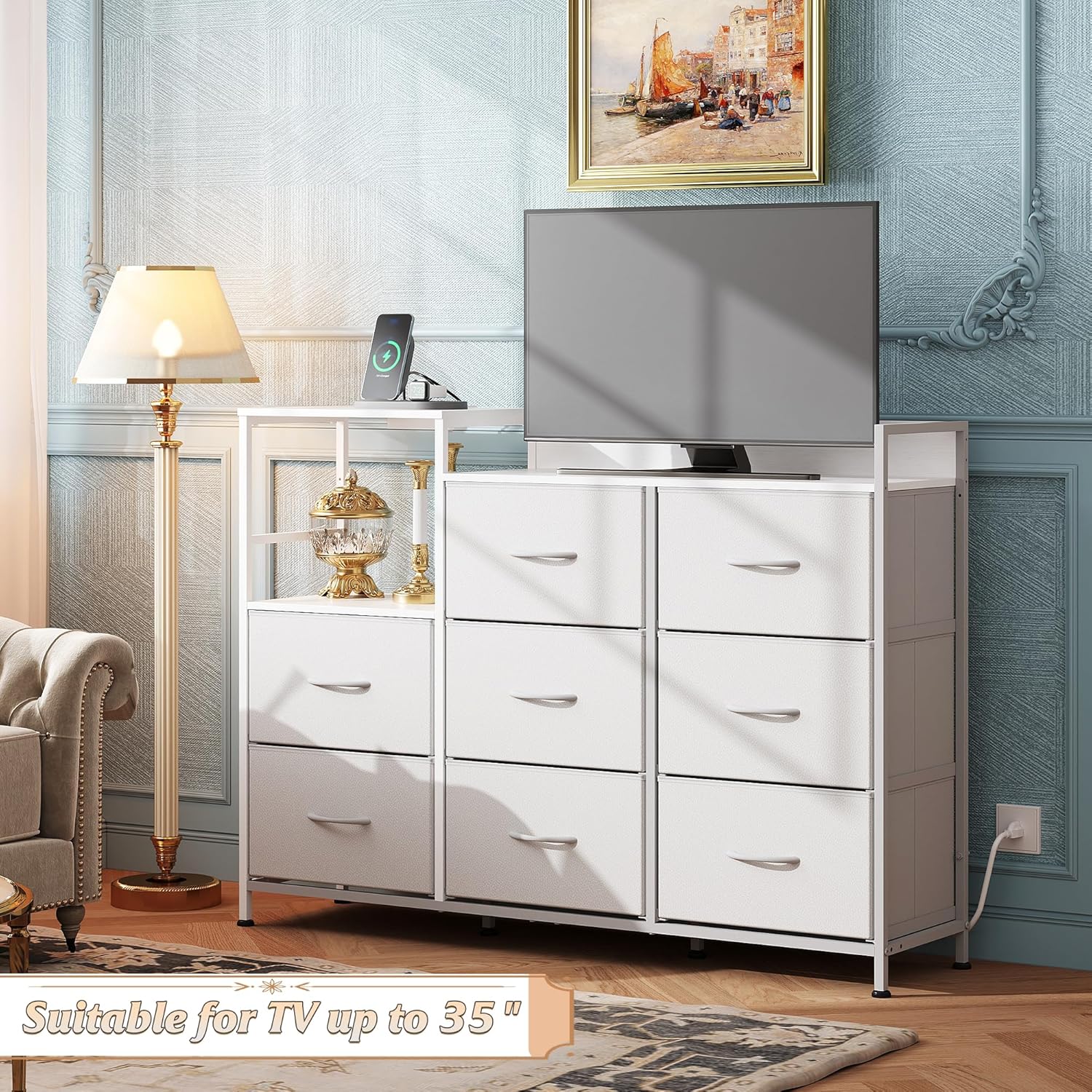 WLIVE 8 drawer fabric dresser with charging station and shelf