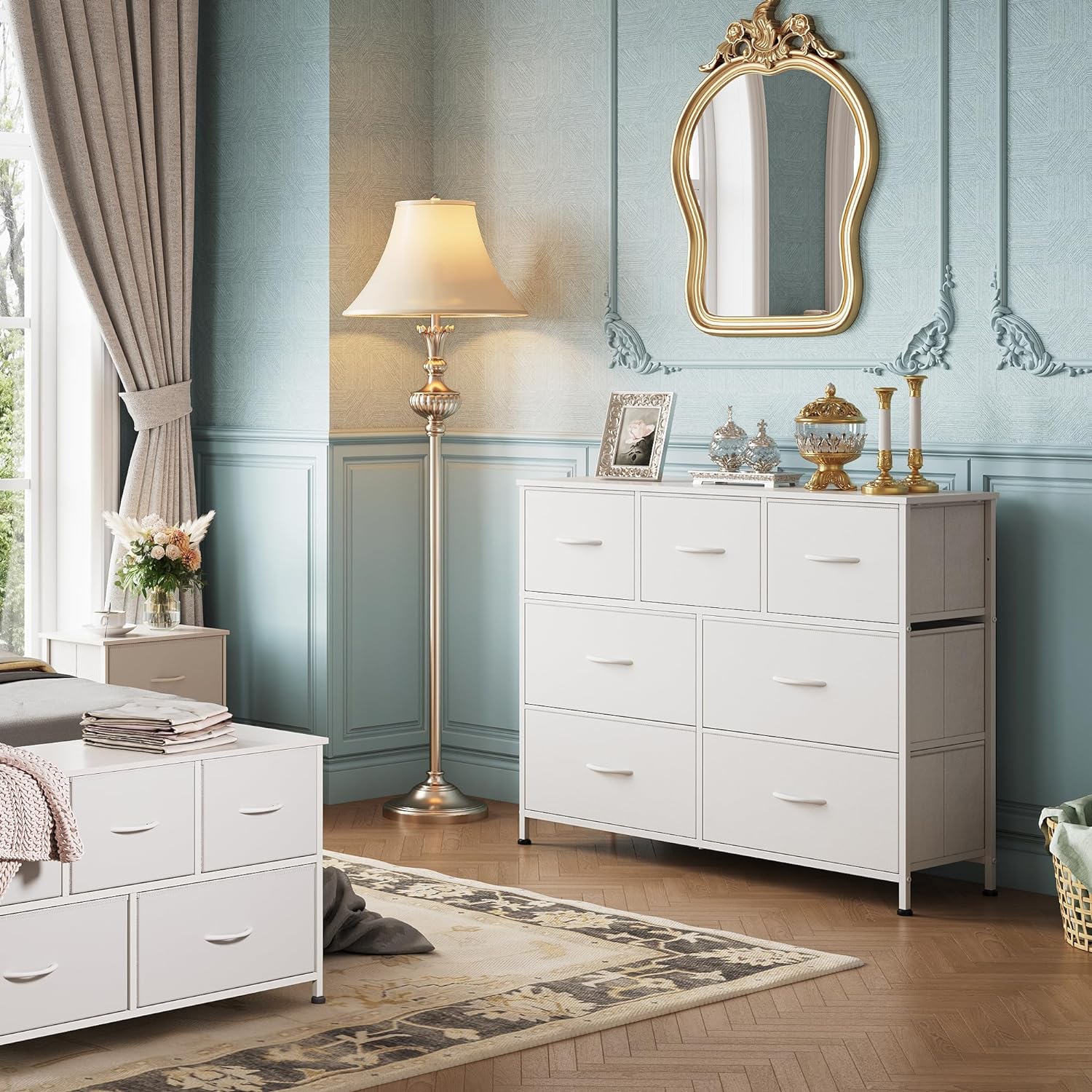 WLIVE Minimalist Fabric 7-Drawer Large Storage Dresser TV Stand in Bedroom