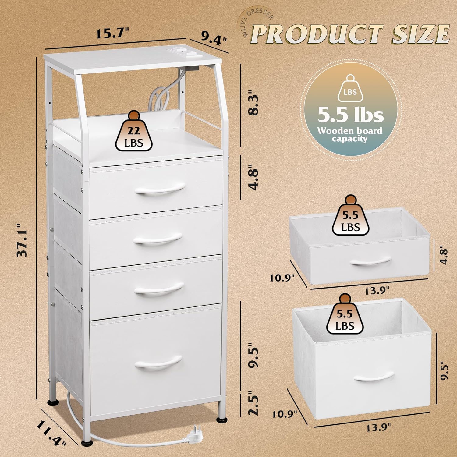 WLIVE Fabric 4-Drawer LED Nightstand with Charging Station Size