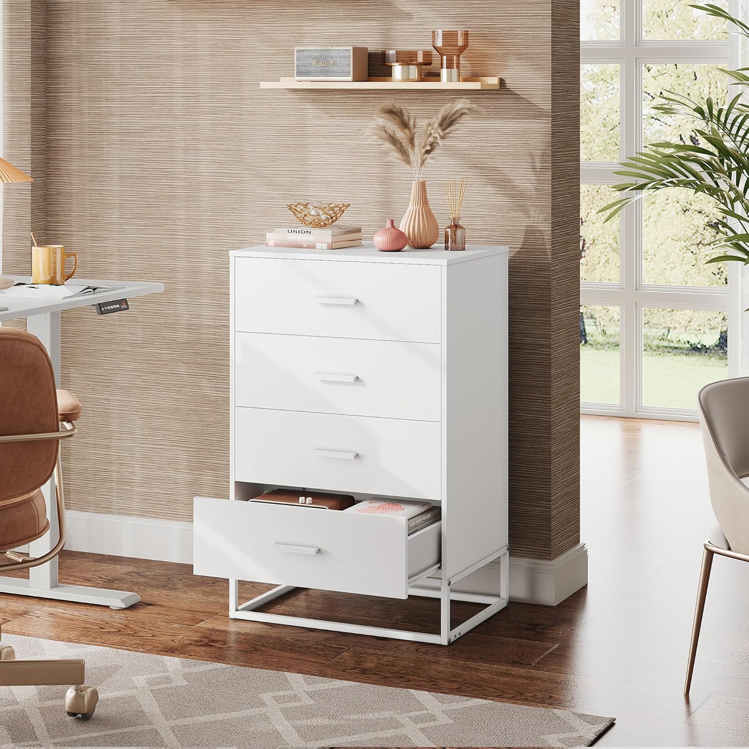 White WLIVE 4-Drawer Minimalist Modern Wood Storage Chest in Room