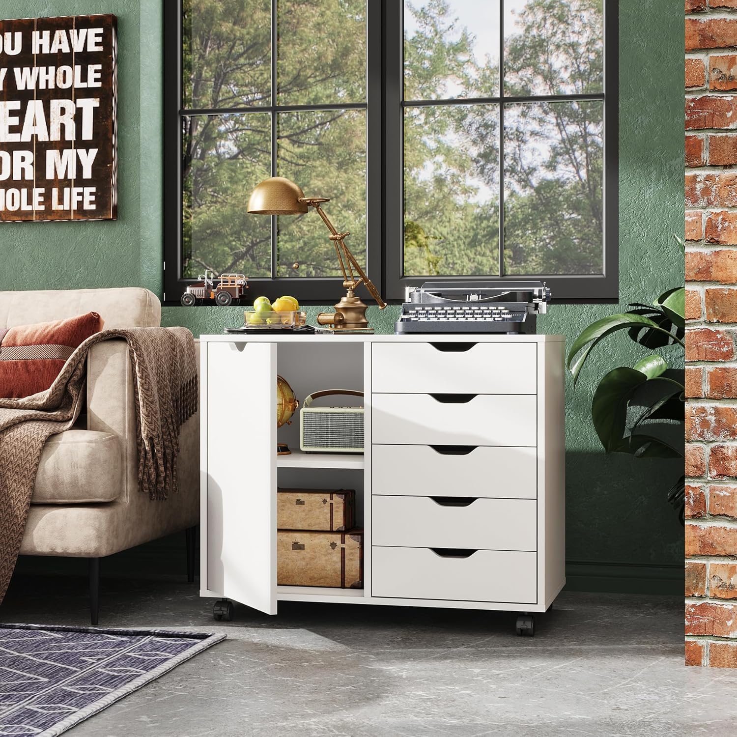 DEVAISE 5-Drawer Wood Mobile Storage Cabinet with Door