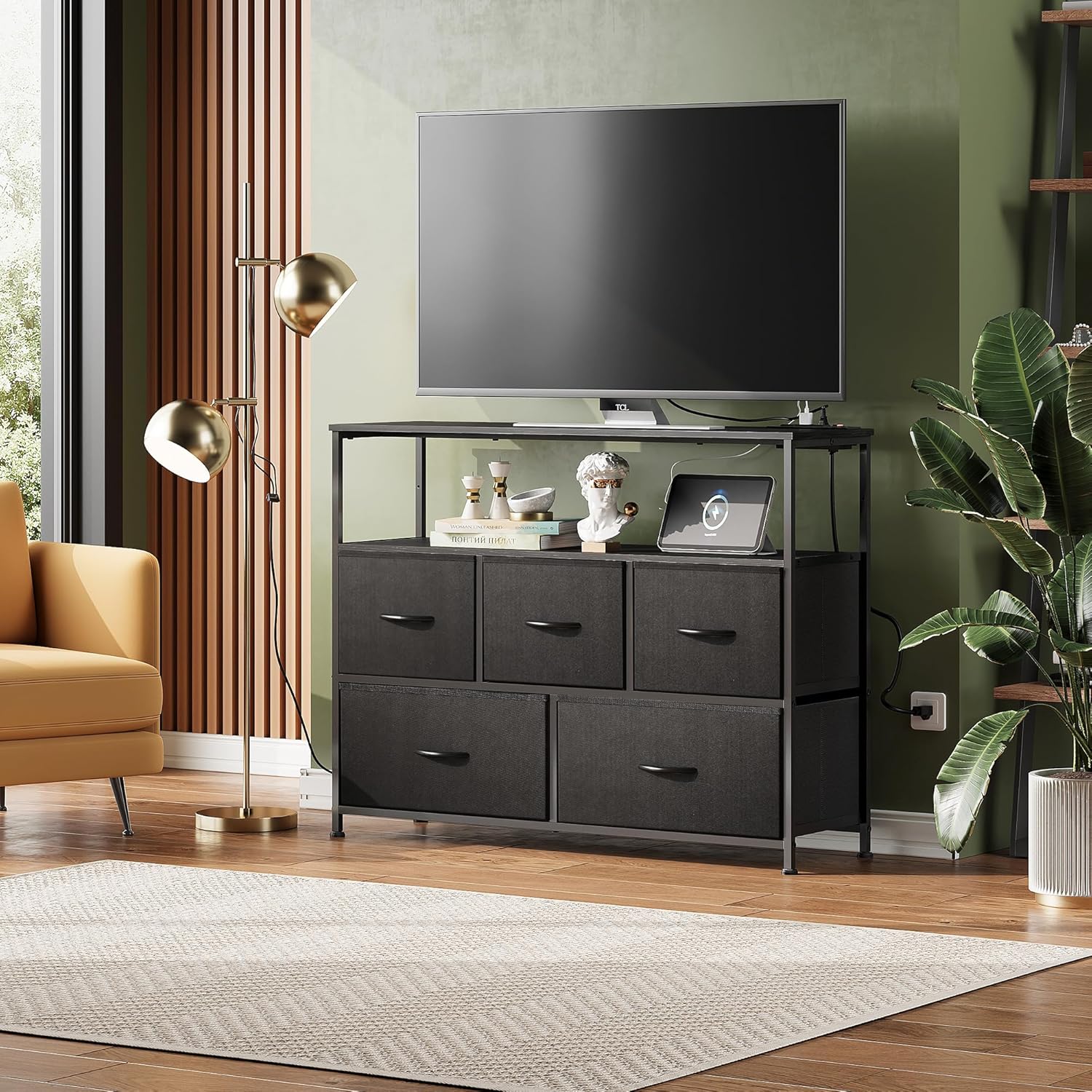 WLIVE 5-drawer fabric dresser TV stand with open shelves in living room