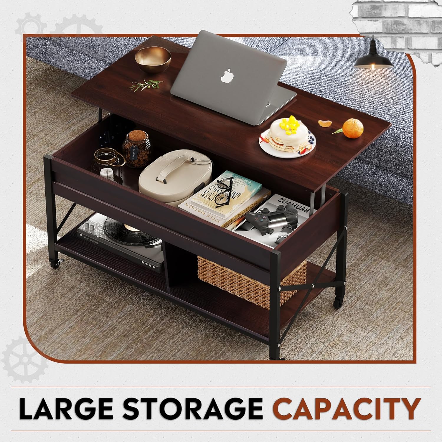 WLIVE Mid-Century Modern Lift Top Coffee Table with 4 Wheels