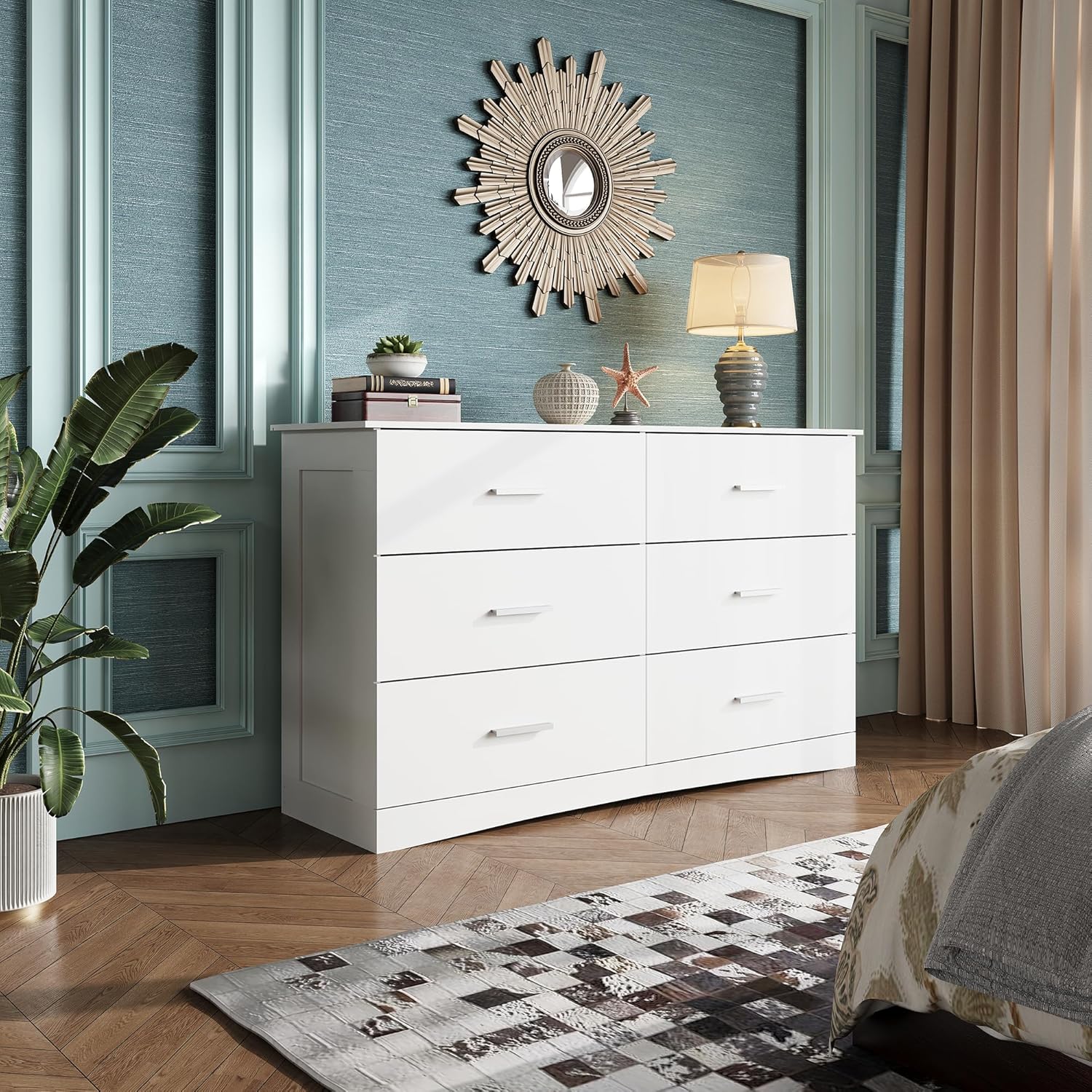 WLIVE White Wide 6-Drawer Modern Wood Dresser in room