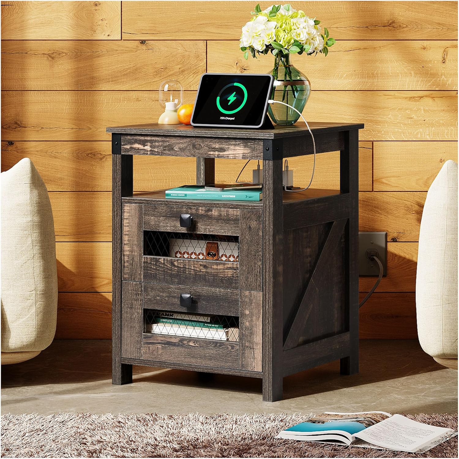 Dark Rustic Oak WLIVE Farmhouse 2 Drawer Wood Nightstand with Charging Station in room