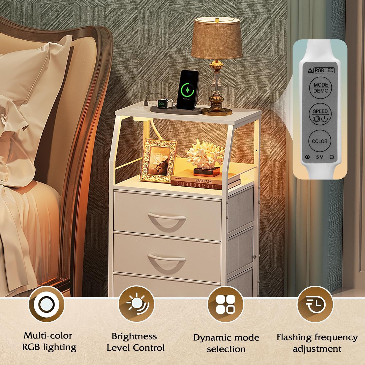 WLIVE Fabric 4-Drawer Nightstand LED Colors Control