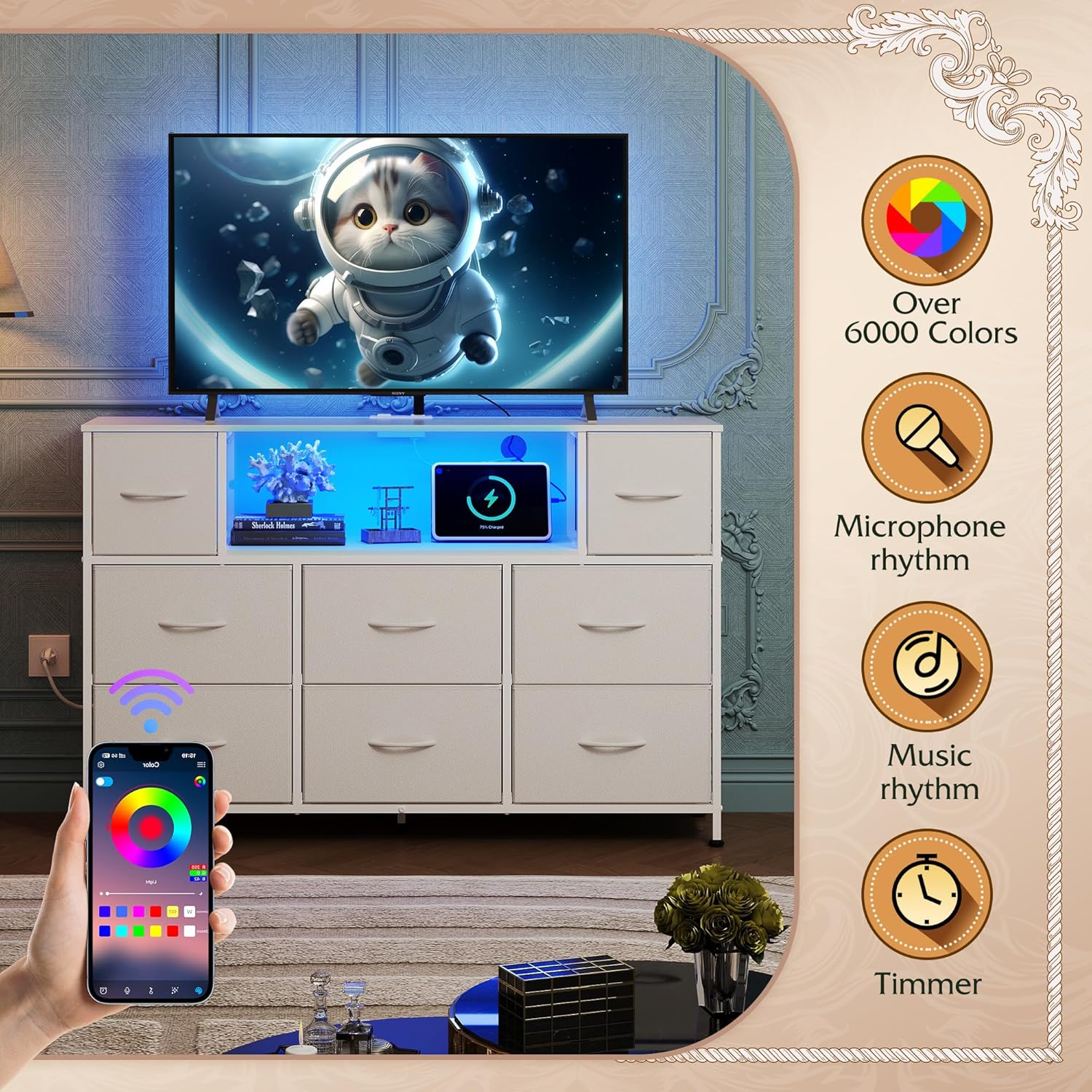 WLIVE 8-drawer fabric dresser LED colors