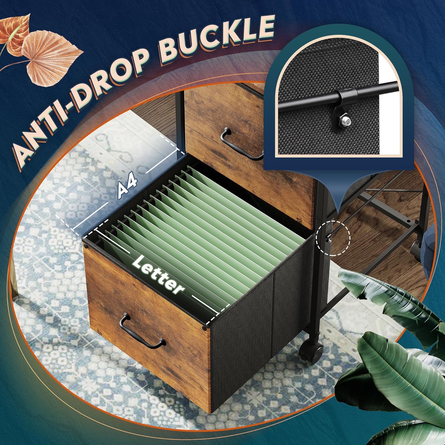 Anti-Drop Buckle of Vertical 2-drawer fabric mobile file cabinet