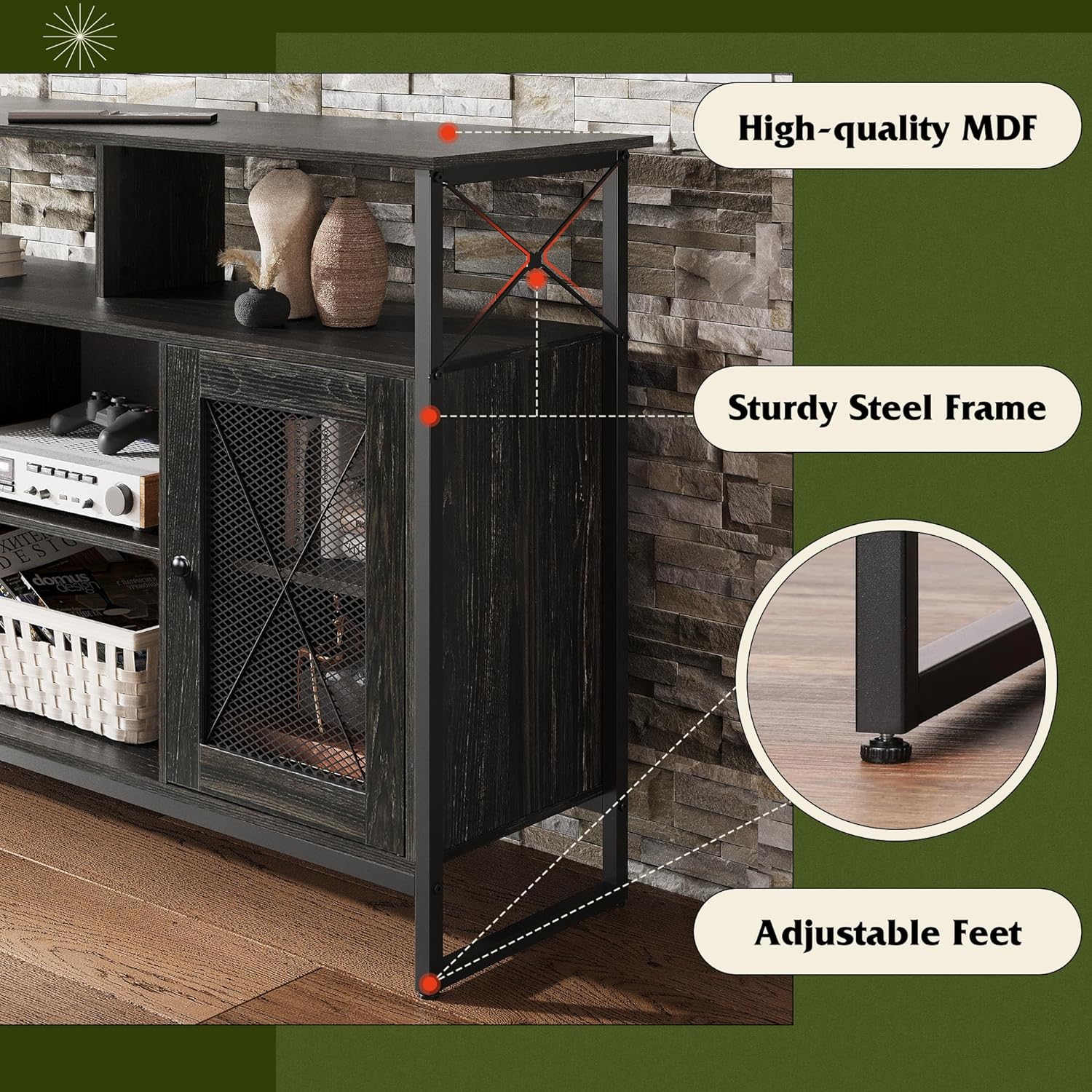 WLIVE Tall Farmhouse Industrial TV Stand Cabinet Features