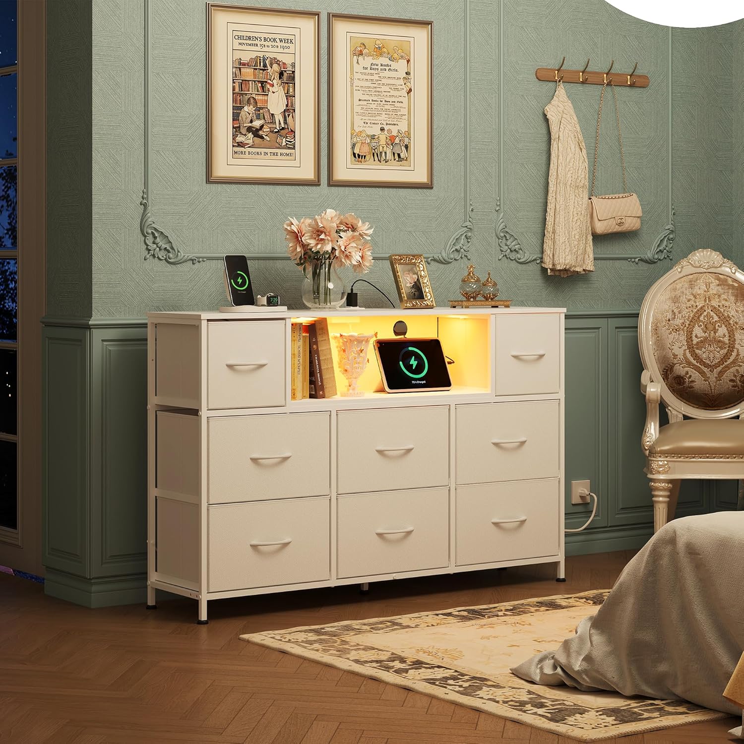 WLIVE 8-drawer fabric dresser TV stand in living room