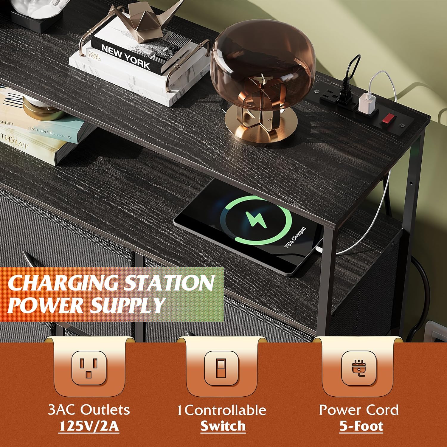 WLIVE 5-drawer fabric dresser TV stand with charging station