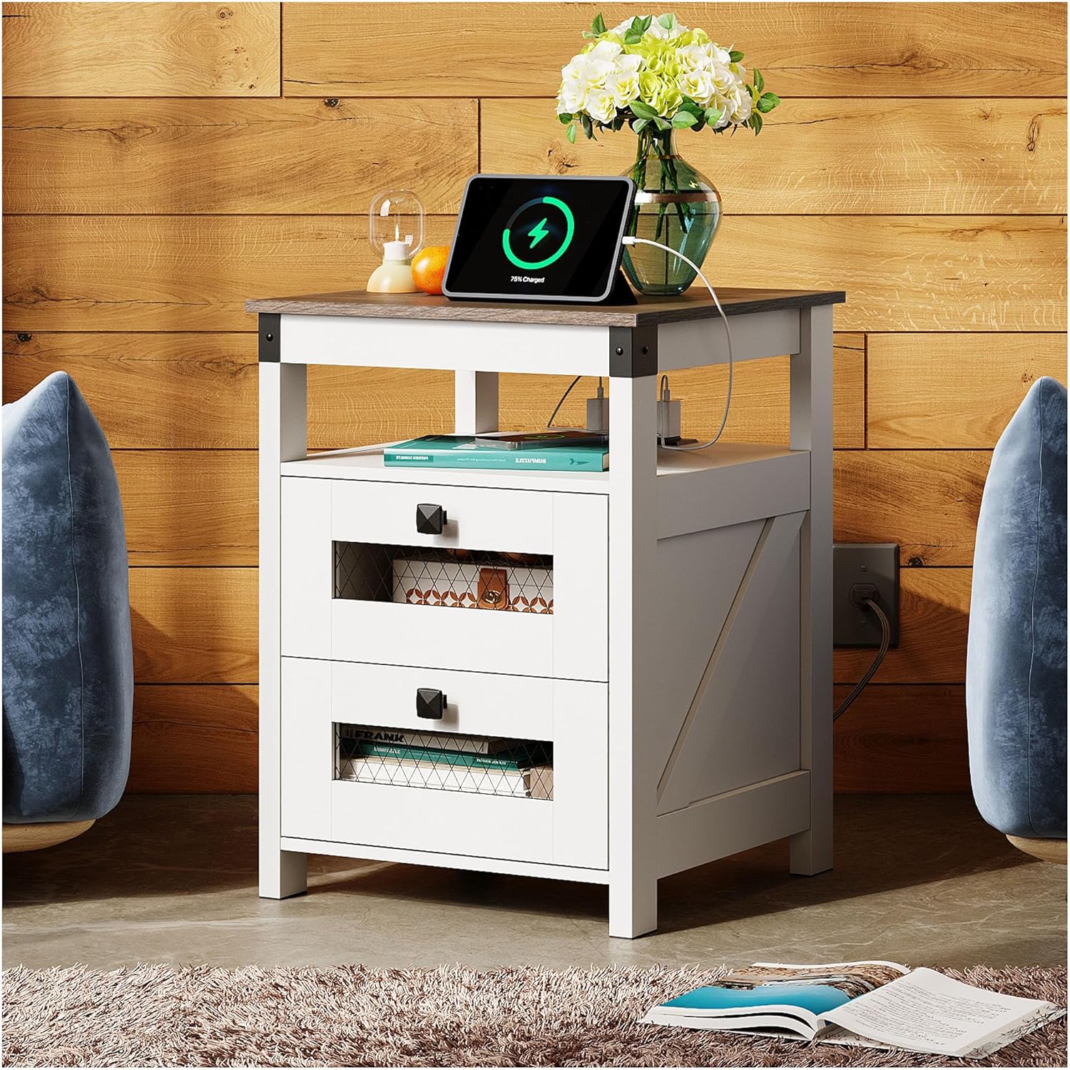 Antique White WLIVE Farmhouse 2 Drawer Wood Nightstand with Charging Station in room