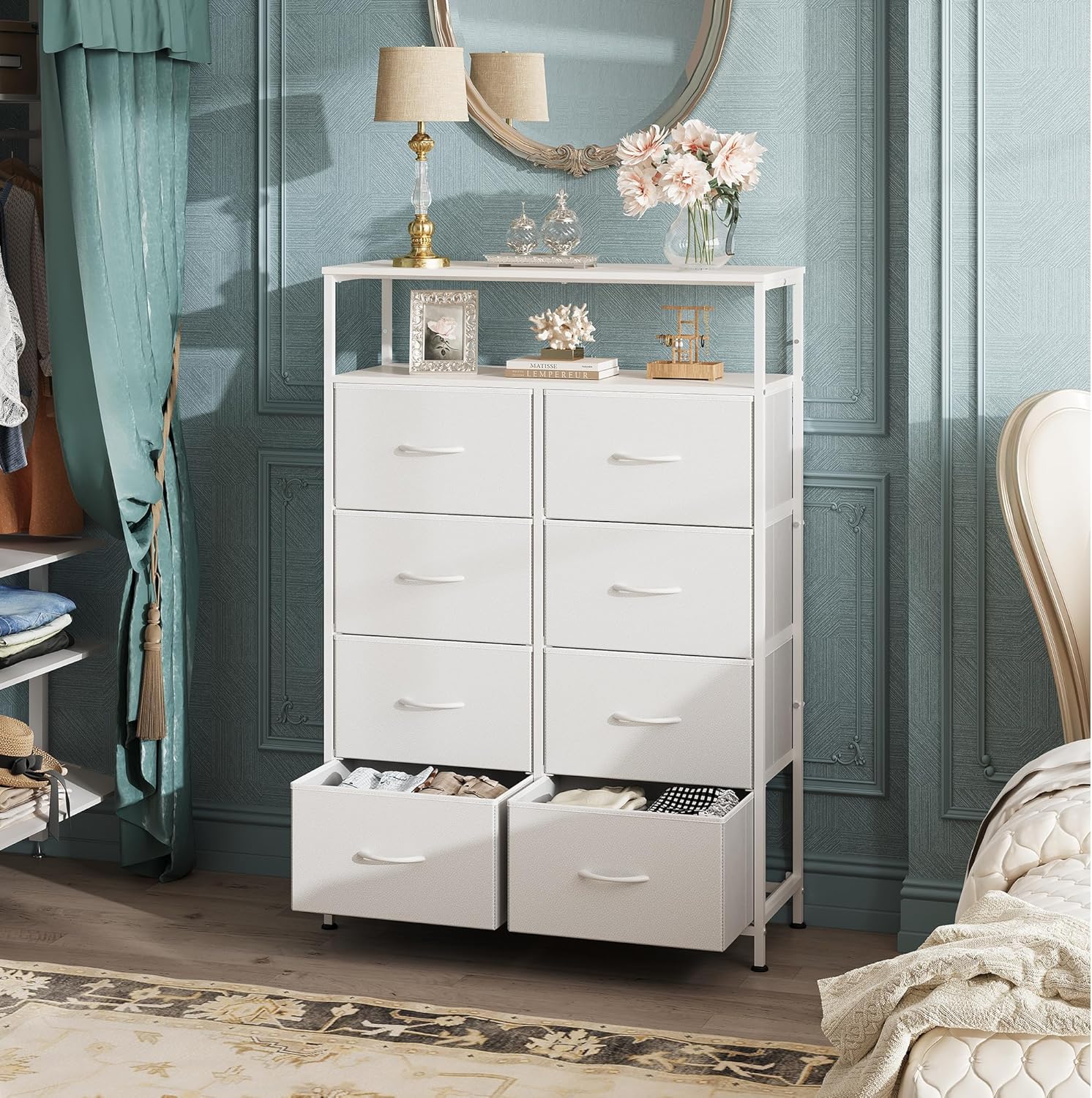 WLIVE tall 8-drawer fabric storage dresser with open shelves in bedroom