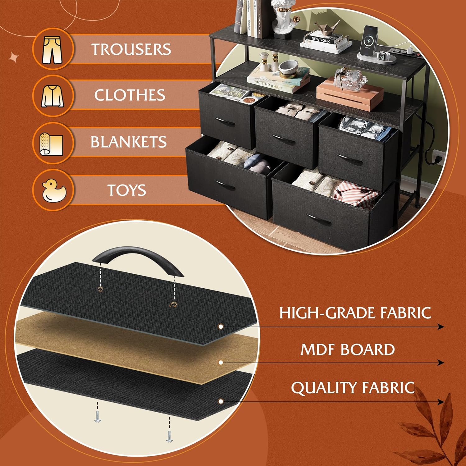 fabric and storage of WLIVE 5-drawer fabric dresser TV stand with open shelves