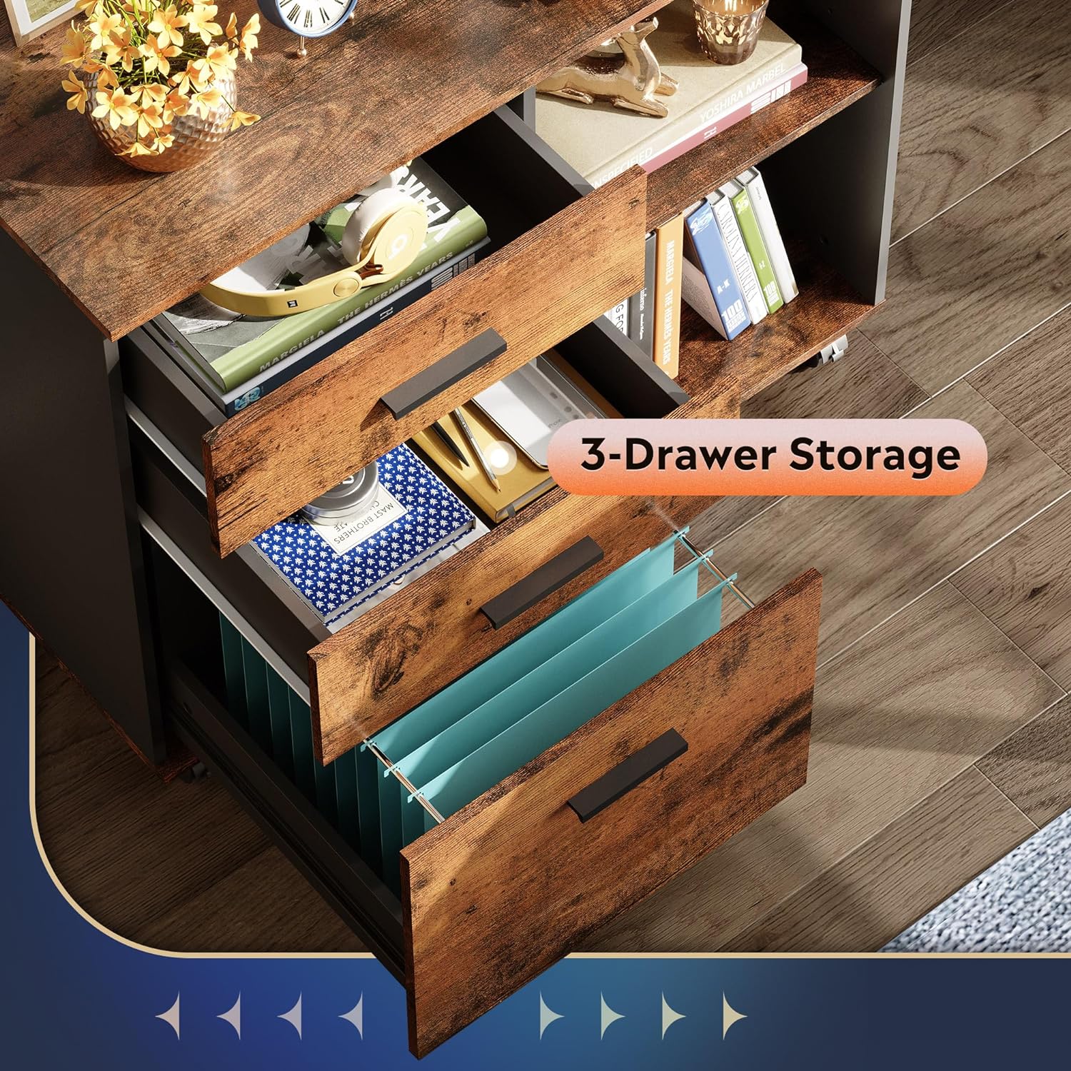 Drawer Storage of Rustic brown 3-drawer wood file cabinet with open storage shelves