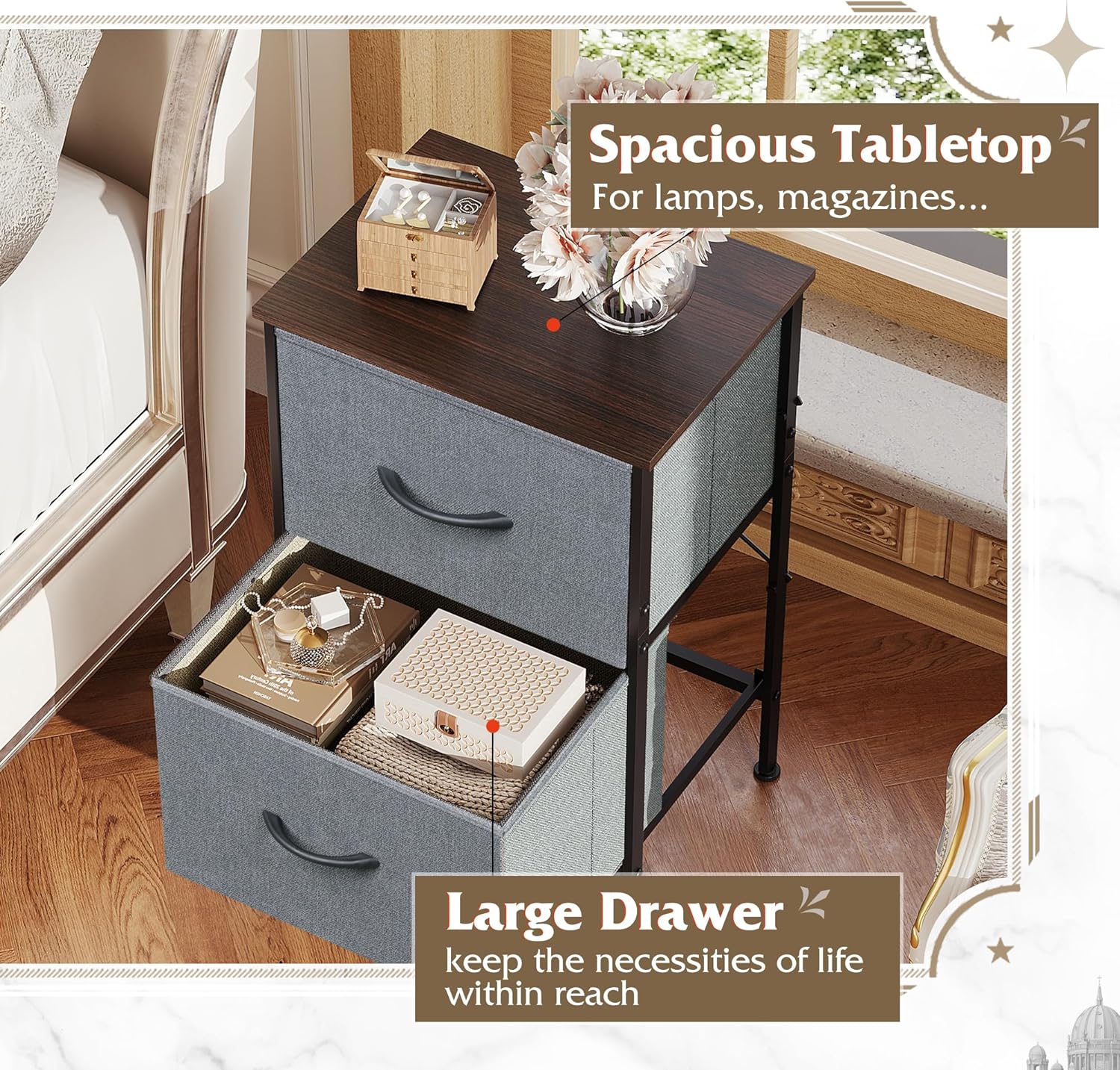 Drawer and Top of small fabric 2-drawer nightstands set of 2