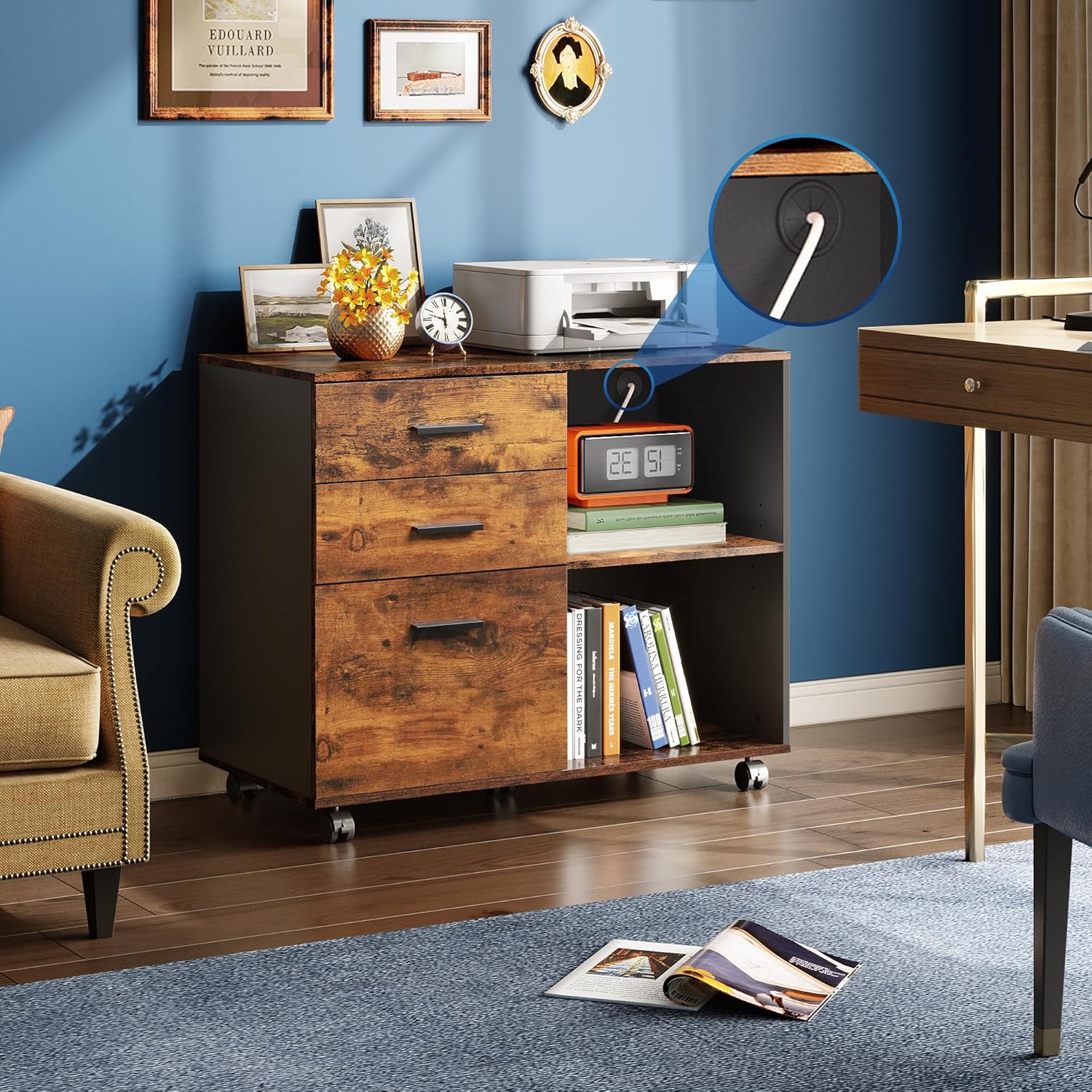 DEVAISE 3-Drawer Wood File Cabinet with Open Storage Shelves