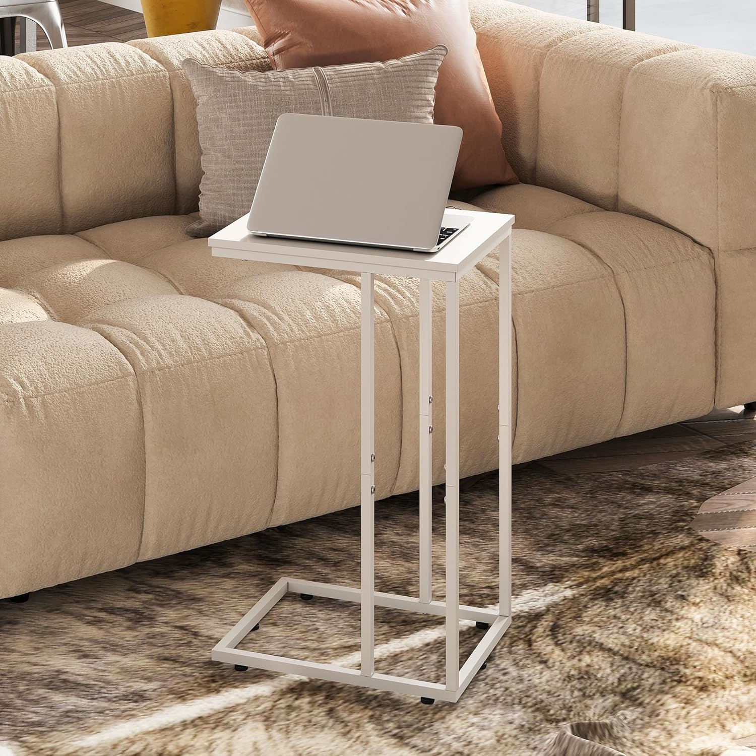 WLIVE Modern C Shaped Side Table White beside sofa