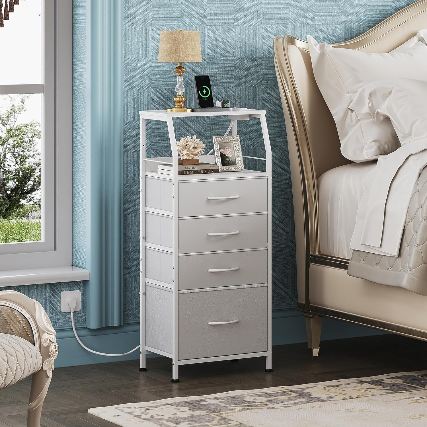 White WLIVE Fabric 4-Drawer LED Nightstand with Charging Station in room